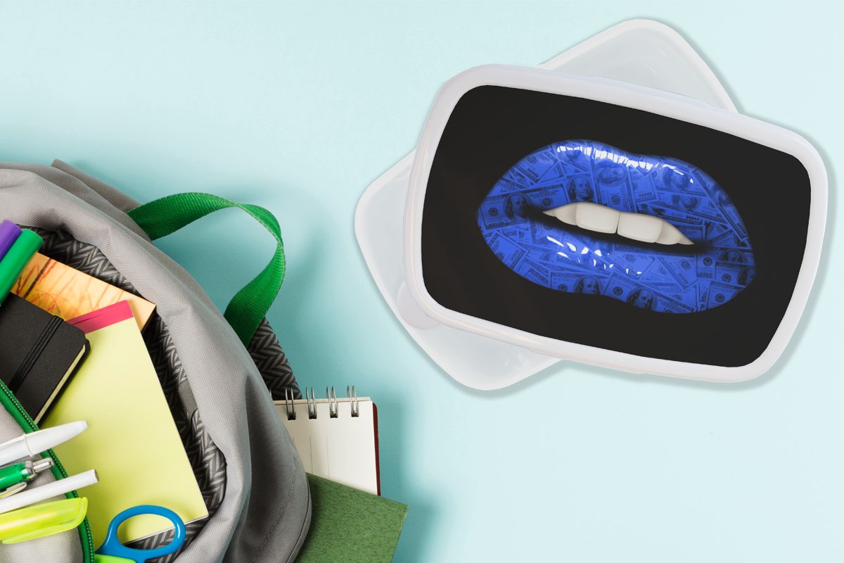 Blau, weiß Kunststoff, Brotdose, und - Lippen Jungs Mädchen Brotbox Erwachsene, für Kinder (2-tlg), Lunchbox MuchoWow und - Geld für