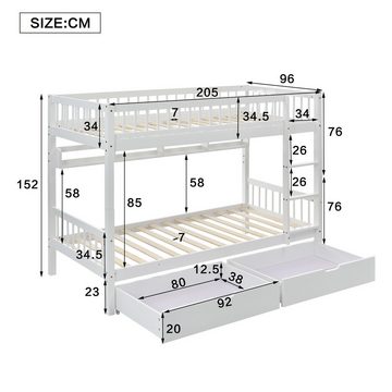 Flieks Etagenbett, Umwandelbares Kinderbett mit Leiter und 2 Schubladen 90x200cm