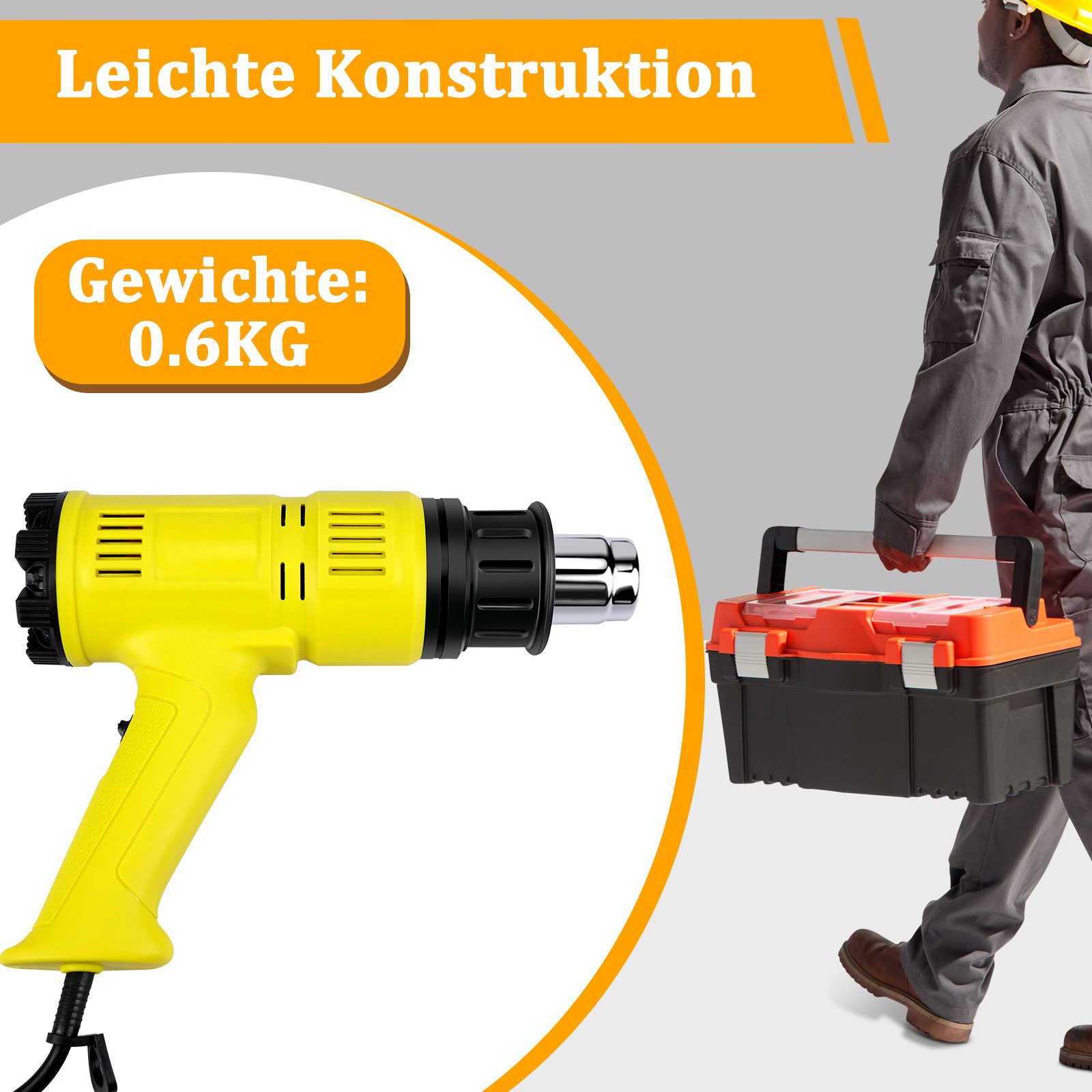 ZMH Heißluftgebläse Heißluftfön 2000W Regelbar Kit 60℃- 600℃ Kerzen Schrumpfschlauch, 2000 in W, bis max. 600,00 °C, (Set, 6-tlg., 1*Heißluftpistole&4 Münder),  – Bild 5 von 5