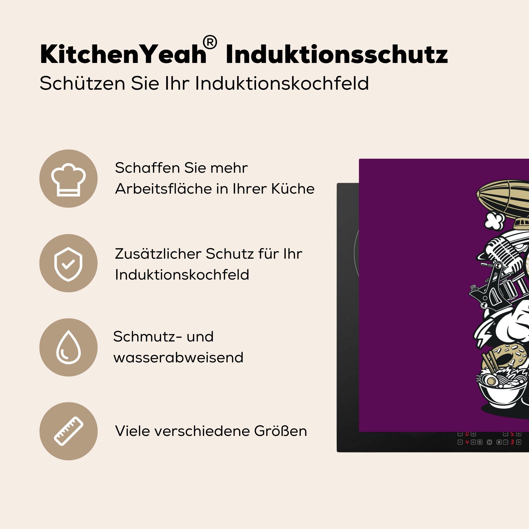 küche, 81x52 - für cm, Radio Herdblende-/Abdeckplatte Vintage, - tlg), Ceranfeldabdeckung MuchoWow (1 die Vinyl, Induktionskochfeld Totenkopf Schutz