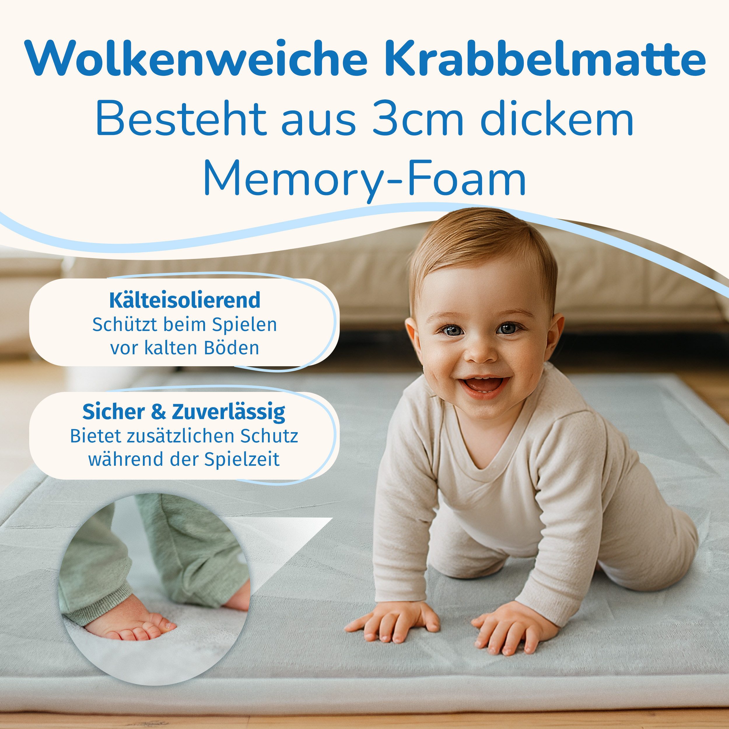 BabyBeFun Spielmatte [Extra Weich] 3cm dicke Krabbelmatte Baby, hochwertiger Memory-Schaum, Rutschfest, Deutsche Marke