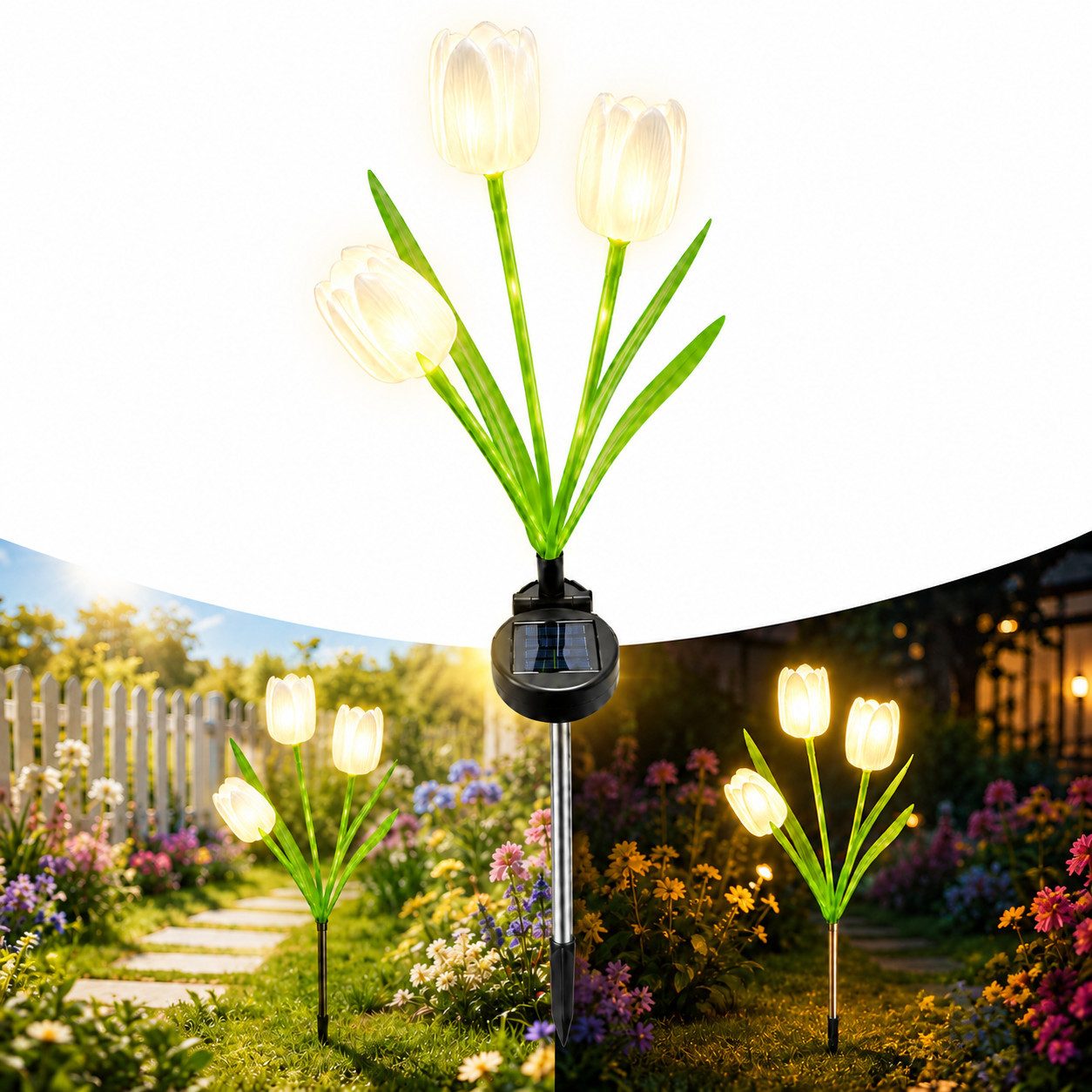 Luckice LED Solarleuchte Solar‑Gartenleuchten Tulpen‑Design mit Lichtsensor‑Automatik, LED fest integriert, Tageslichtweiß, IP65 wetterfest für Außen, Automatik mit Lichtsensor