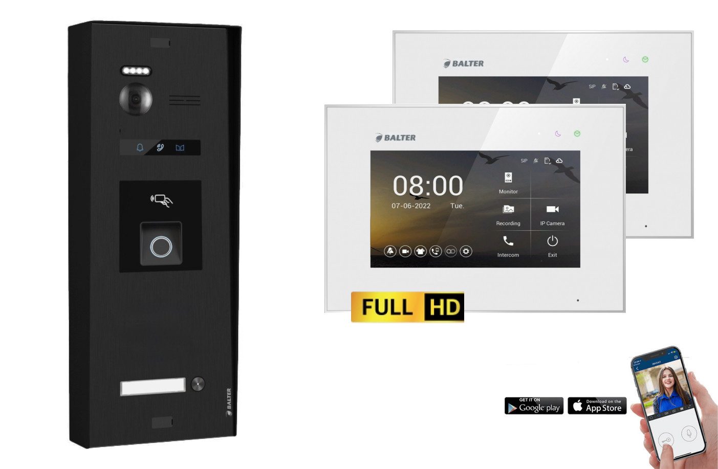 Balter Video-Türsprechanlage BALTER EVO-HD Aufputz Türsprechanlage 1-Familienhaus Schwarz Weiß (Set, 1-Familienhaus, Komplettset, Full HD 175° Kamera, Fingerprint, RFID)