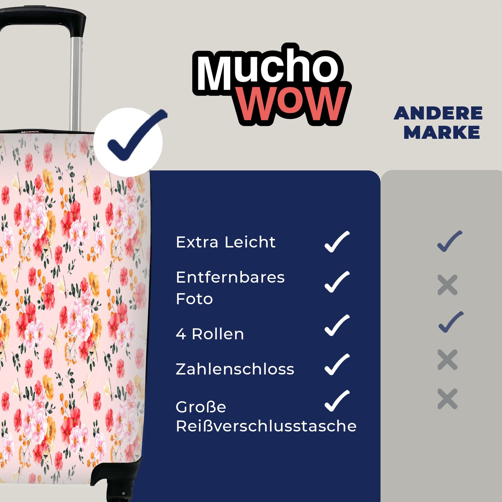 MuchoWow - Blumen Reisetasche Rosa 4 Muster, Rollen, Reisekoffer mit rollen, - für Trolley, Handgepäckkoffer Ferien, Handgepäck