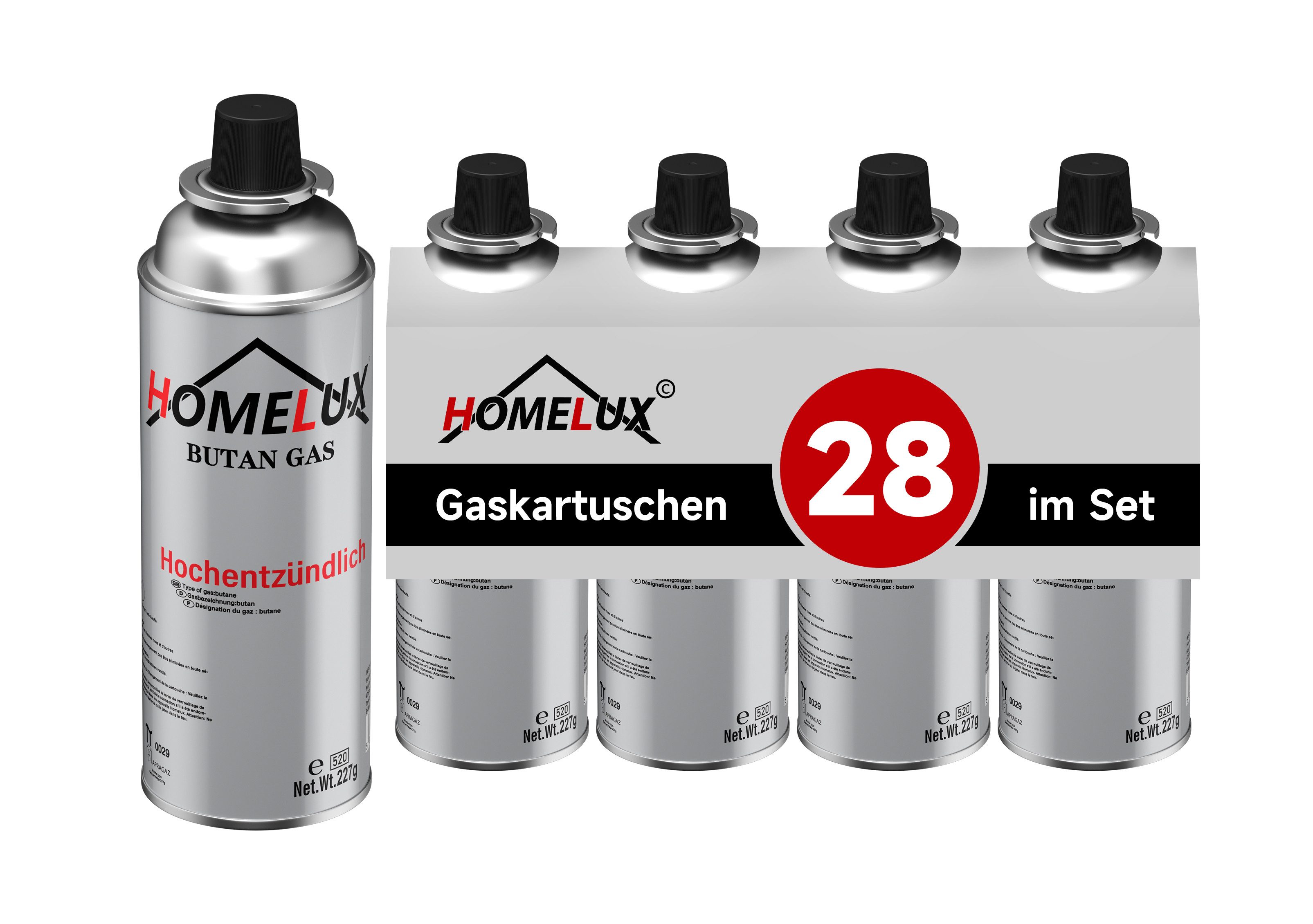 HOMELUX Gaskartusche 227g Camping Butan Gas, Butangas Kartusche mit Bajonettventil, Zubehör für Campingkocher Gasbrenner, Bunsenbrenner, 28 St., 400ml Einmalig