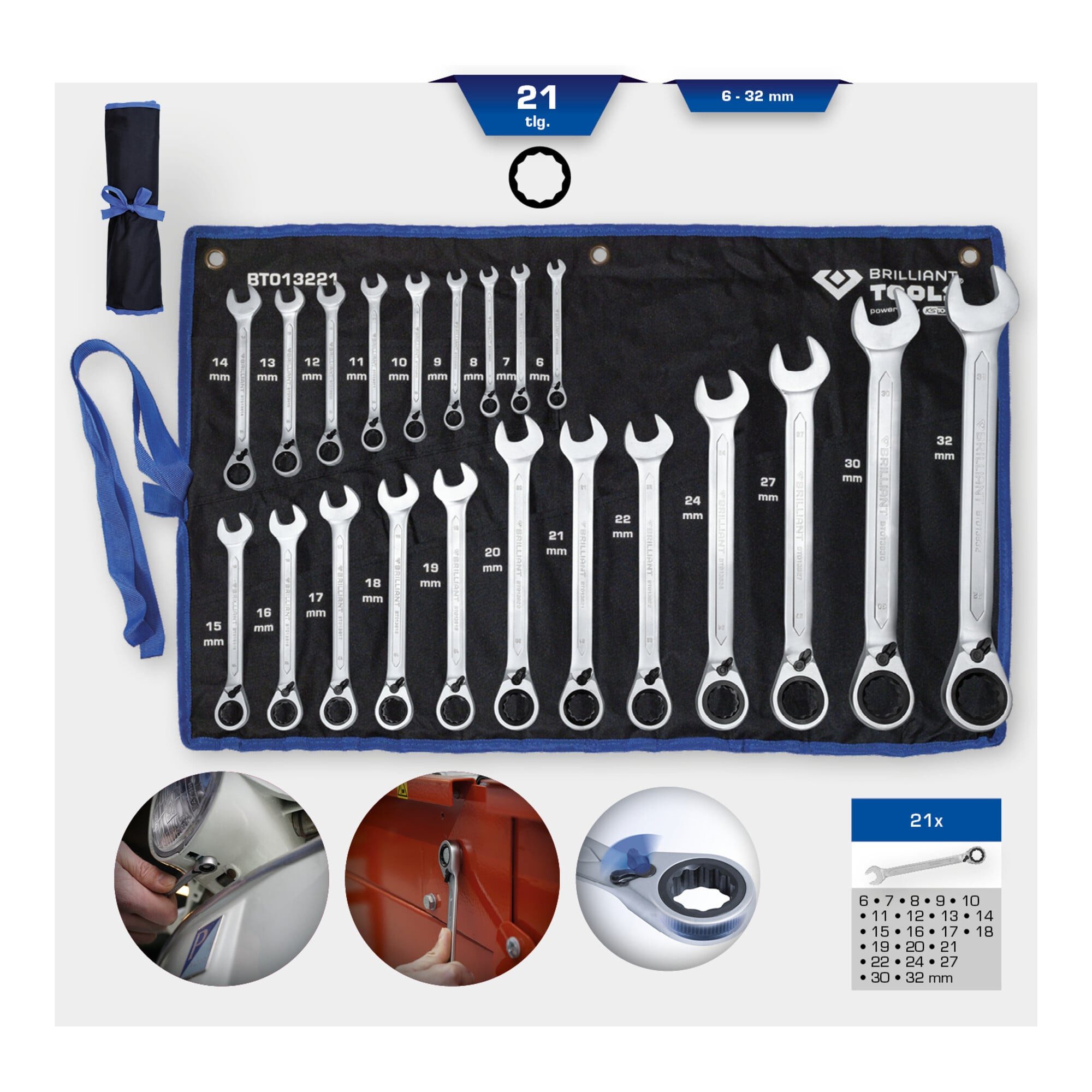 Brilliant Tools Ratschenringschlüssel Brilliant Tools Ratschenringschlüssel-Satz, 21-tlg, umschaltbar, 6 - 3