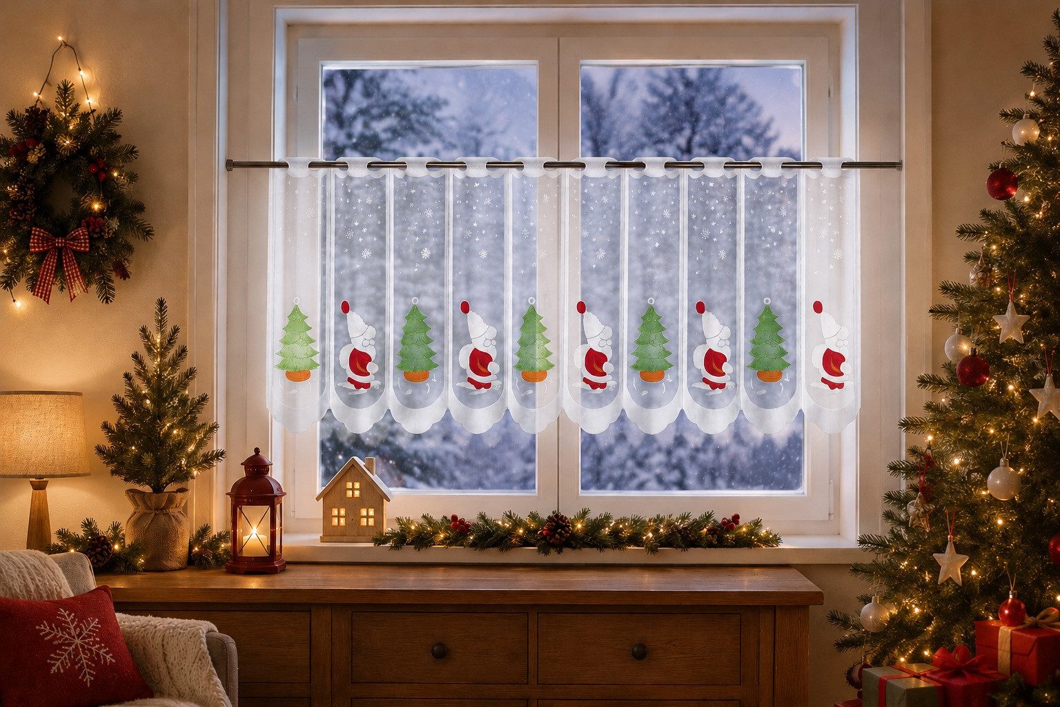 EXPERIENCE Scheibengardine Scheibengardine Weihnachtsmann Weihnachtsbaum, HxB 50x140cm, (1 St), Stangendurchzug, transparent, bedruckt