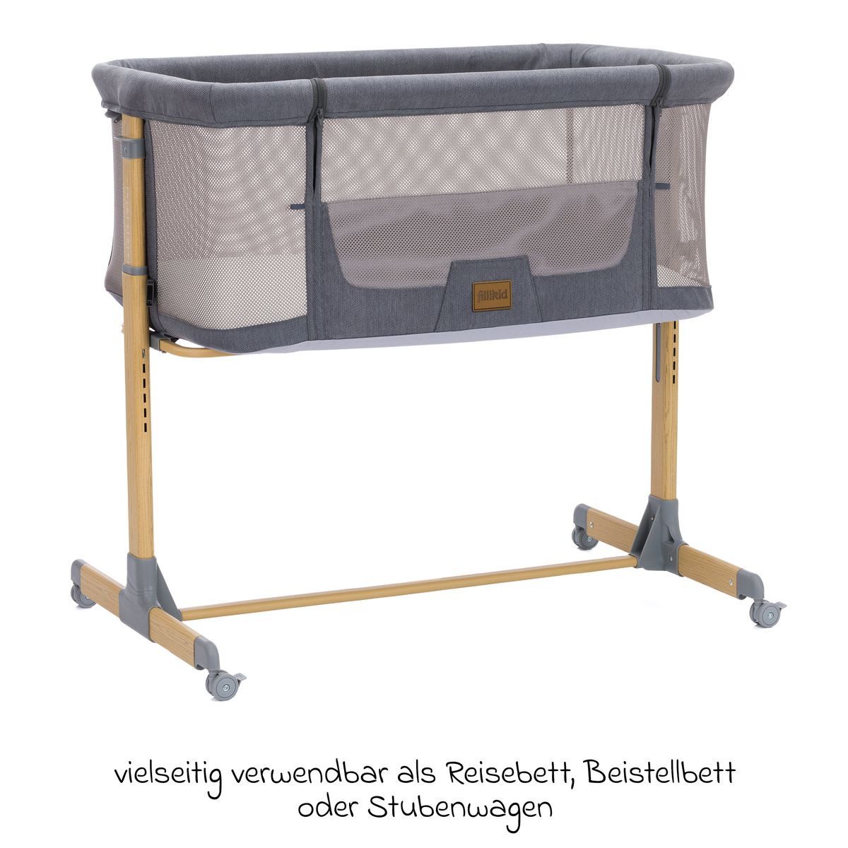Fillikid Beistellbett Air - Grau, Babybett Beistellbett ab Geburt nutzbar – höhenverstellbar bis 9 kg