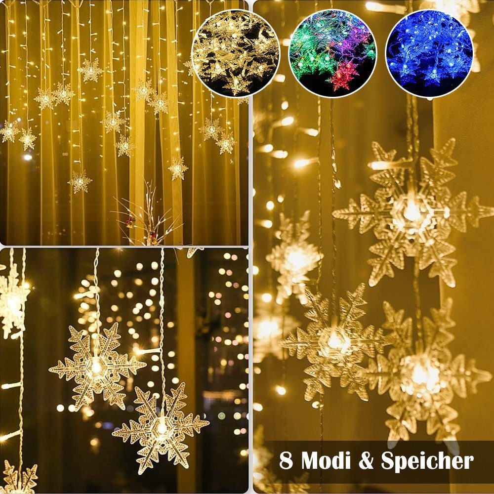 Merry 2024 LED-Lichterkette LED Lichtervorhang Lichterketten,Schneeflocke LED Vorhang Lichter, 8 Modi, Speicherf,chneeflocken Lichterkette