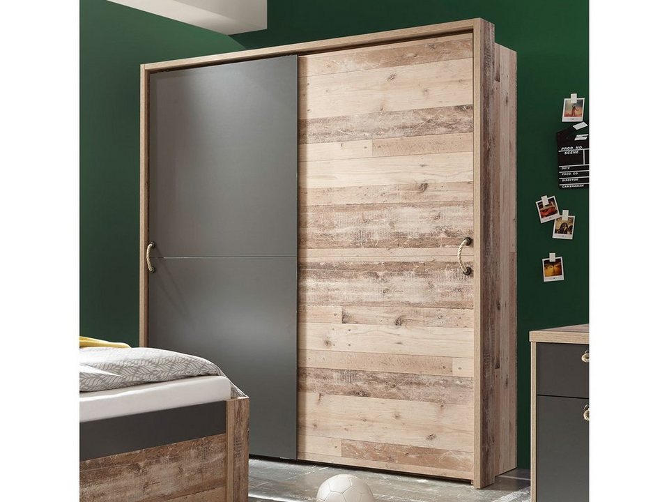 möbelando Schwebetürenschrank Maila Moderner Schwebetürenschrank aus  Spanplatte in Old Style hell Nachbildung, Absetzung in Anthrazit mit 2  Schwebetüren, 2 Konstruktionsböden und 2 Kleiderstangen. Schwebetürenschrank:  Breite 170 cm, Höhe 195,5 cm