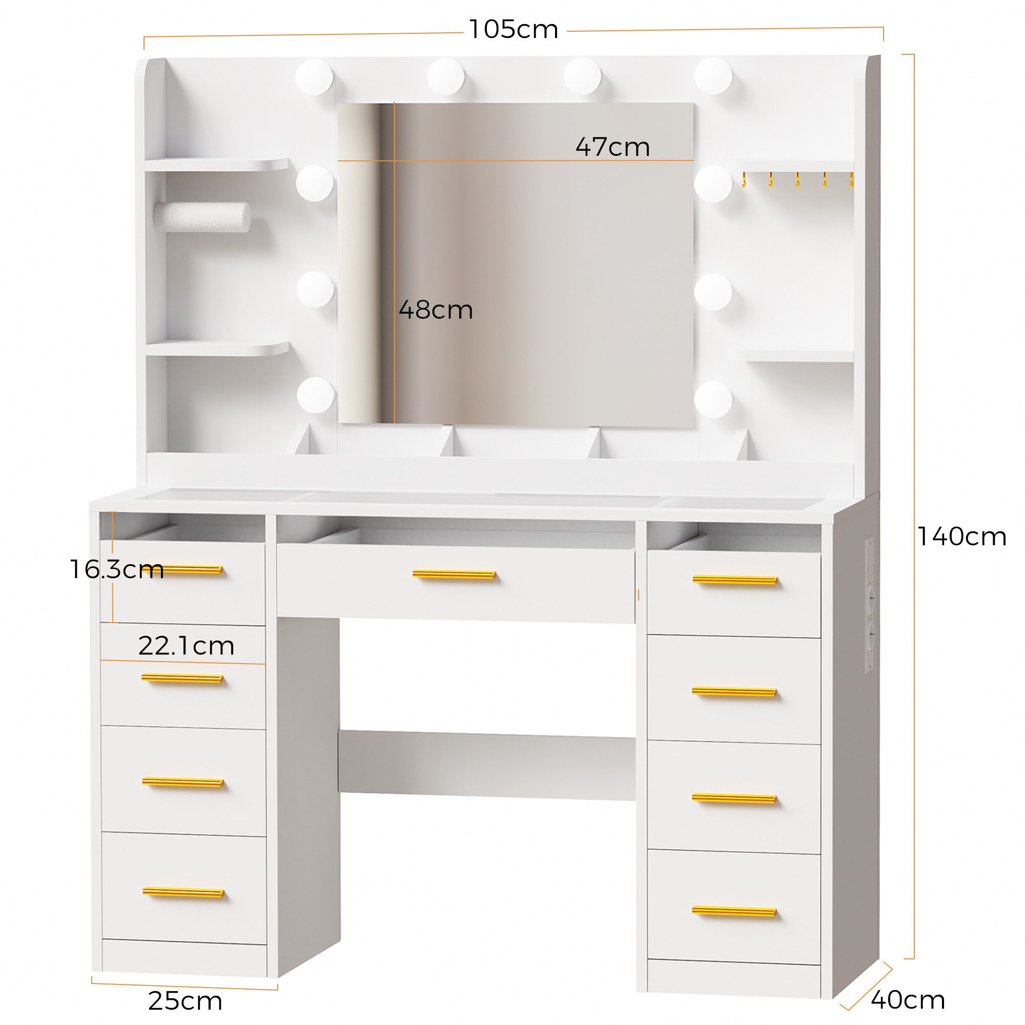 BEWISHOME Schminktisch mit Spiegel und LED-Beleuchtung, Glastischplatte und 9 Schubladen (1-St), integrierte Steckdose & USB, modern für Schlafzimmer