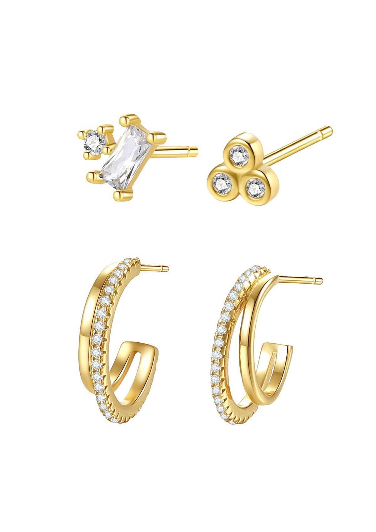 Hey Happiness Ohrstecker-Set Baguette, Creolen & Kristall, 925 Silber vergoldet, 3‑teiliges Ohrstecker-Set Damen, Damenschmuck