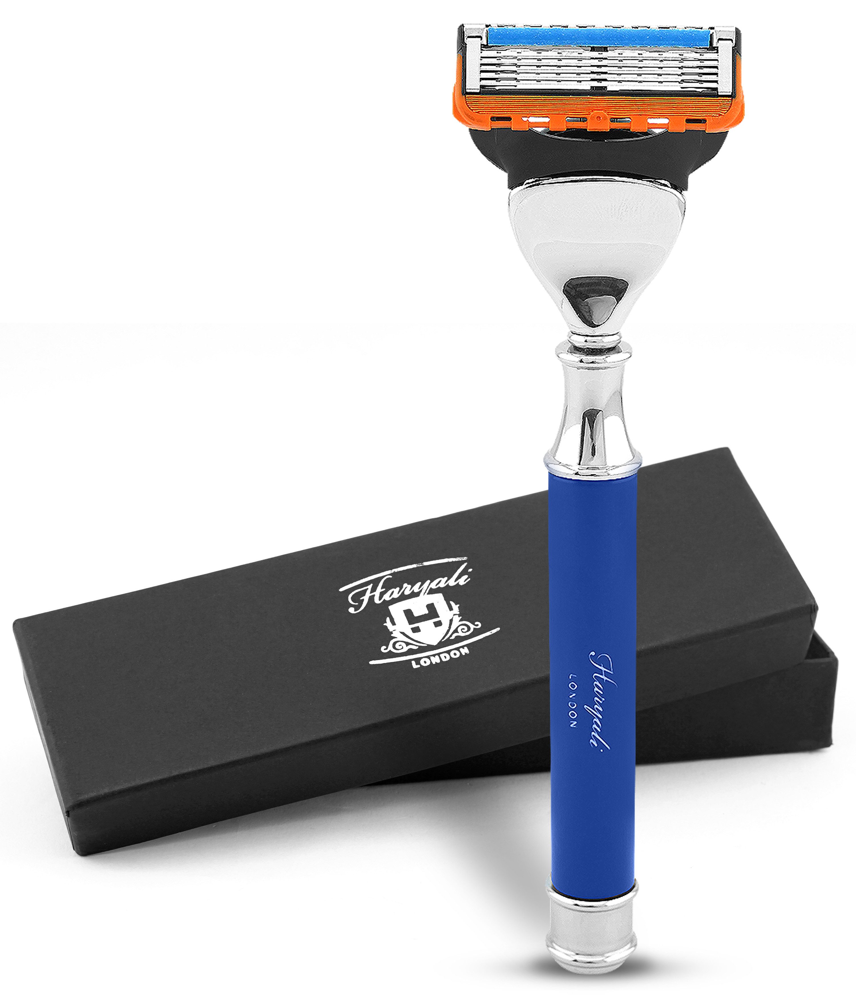 Haryali London Nassrasierer 5-Klingen-Rasierer für Unisex, Luxus, Körper und Gesicht, blau, Pack, Rasiermesser mit Messingklinge und Silber-Finish, Abwaschbarer, rutschfester Griff. Passt auf alle Fusion5-Rasierer.