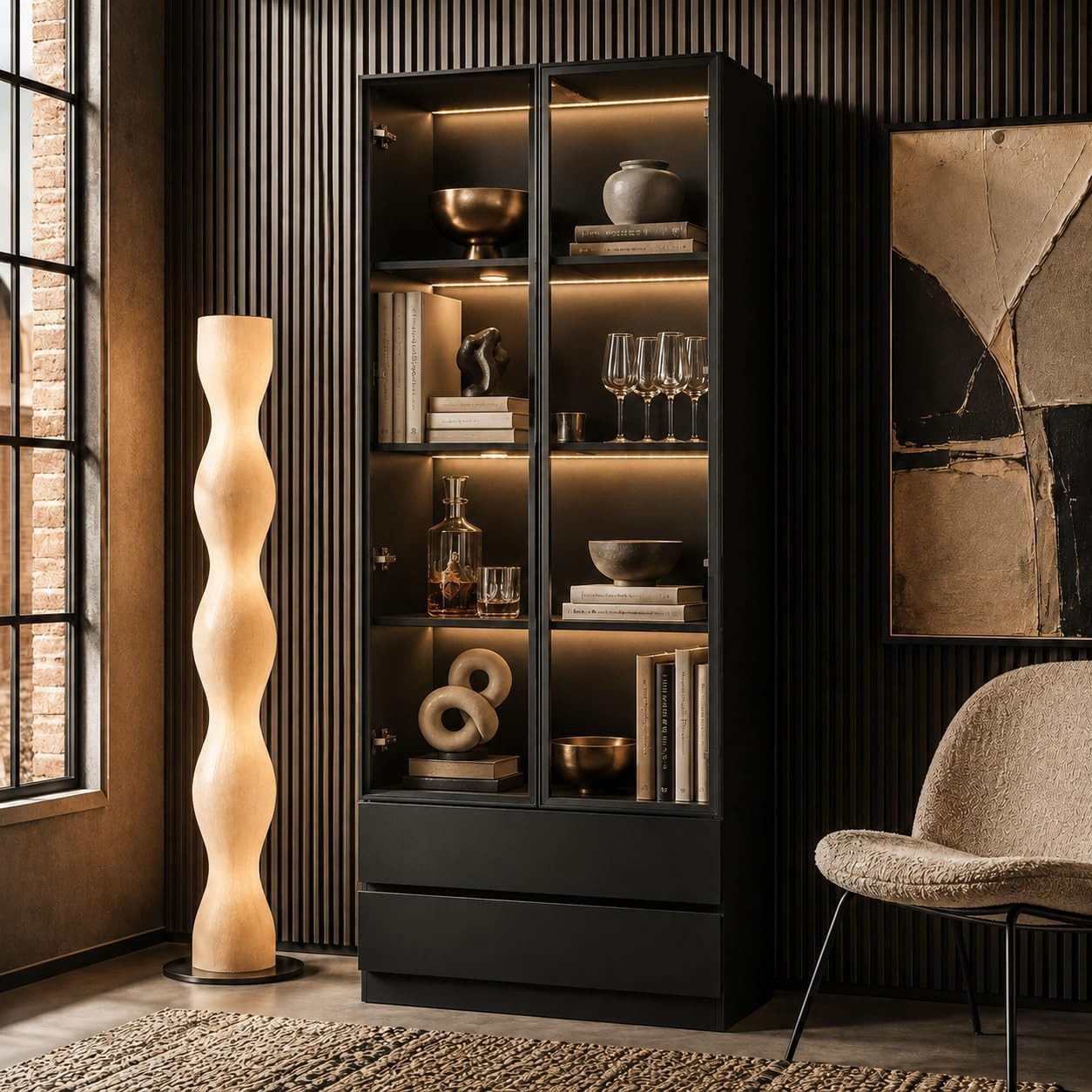 FUFU&GAGA Glasvitrine LED Sammlervitrine 175-200cm hoch, Push-to-Open, Weiß/Schwarz