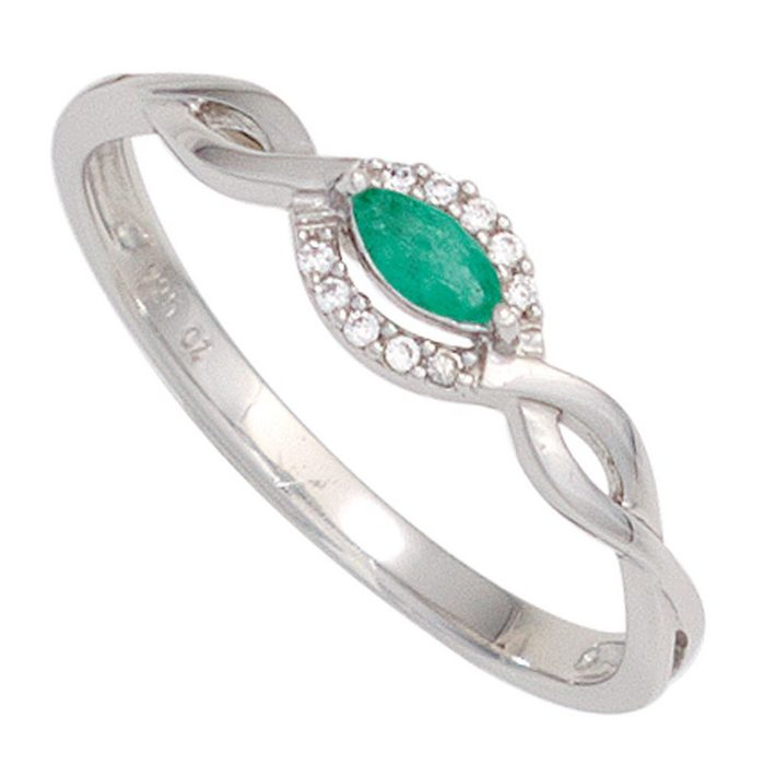 Schmuck Krone Diamantring Ring Damenring mit Smaragd spitzoval grün 10 Brillanten 333 Gold Weißgold Gold 333