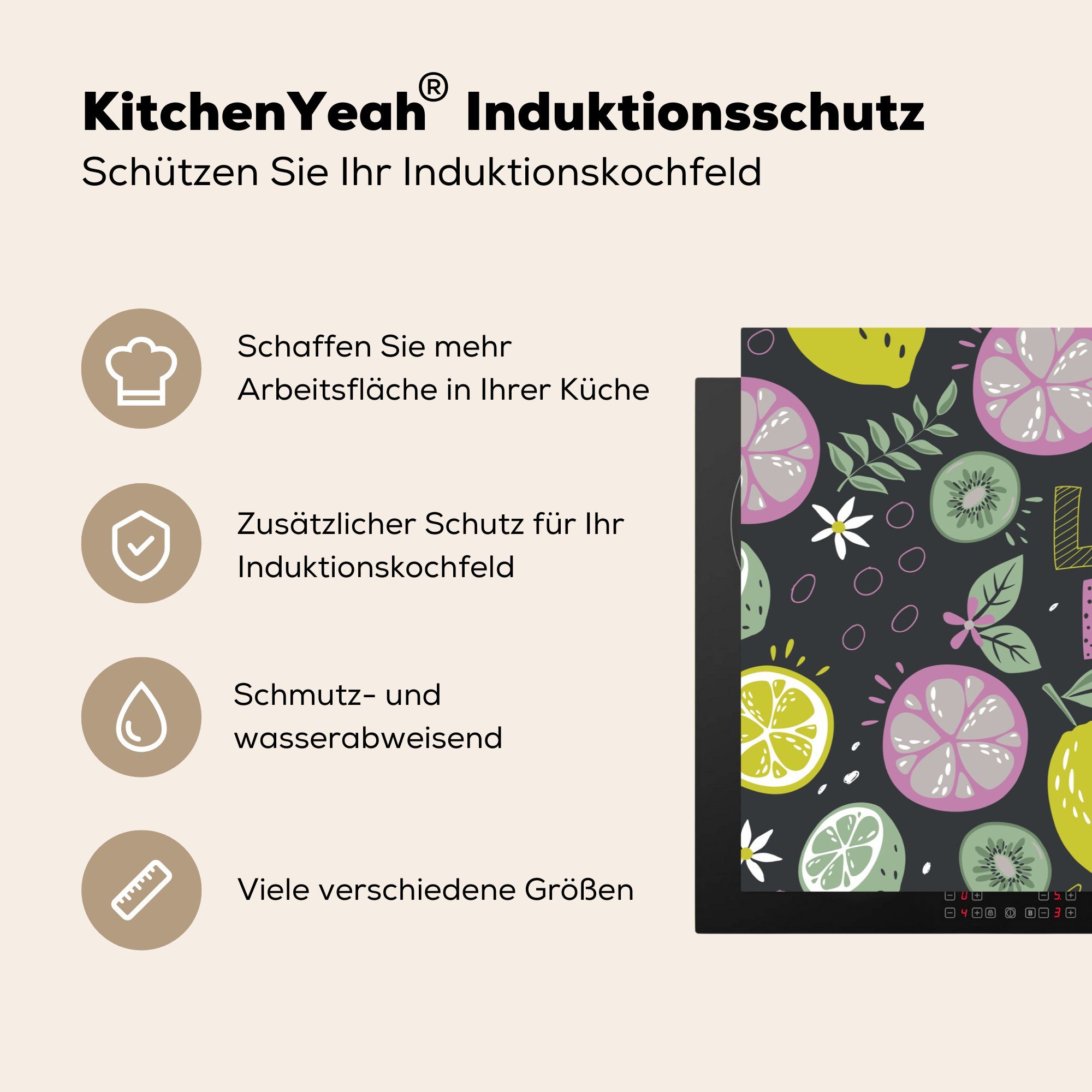 Summers Herdblende-/Abdeckplatte MuchoWow Schwarz, Schutz für Zitat 81x52 (1 Vinyl, - - Induktionskochfeld die küche, - cm, tlg), Zitronen Ceranfeldabdeckung