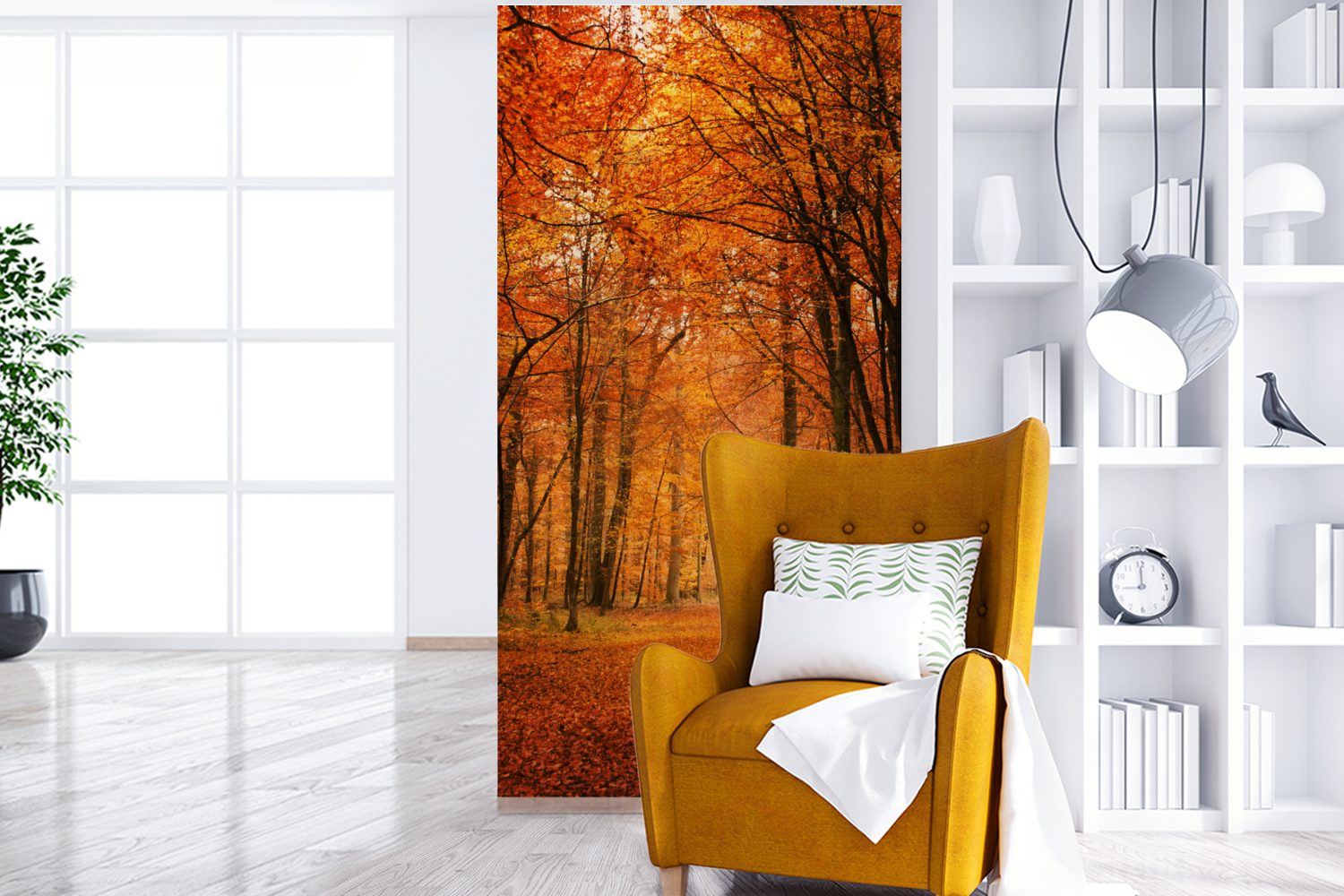 Schlafzimmer (2 Küche, Wohnzimmer bedruckt, Wald, Fototapete - Rot Matt, Herbst für Vliestapete MuchoWow - Fototapete St),