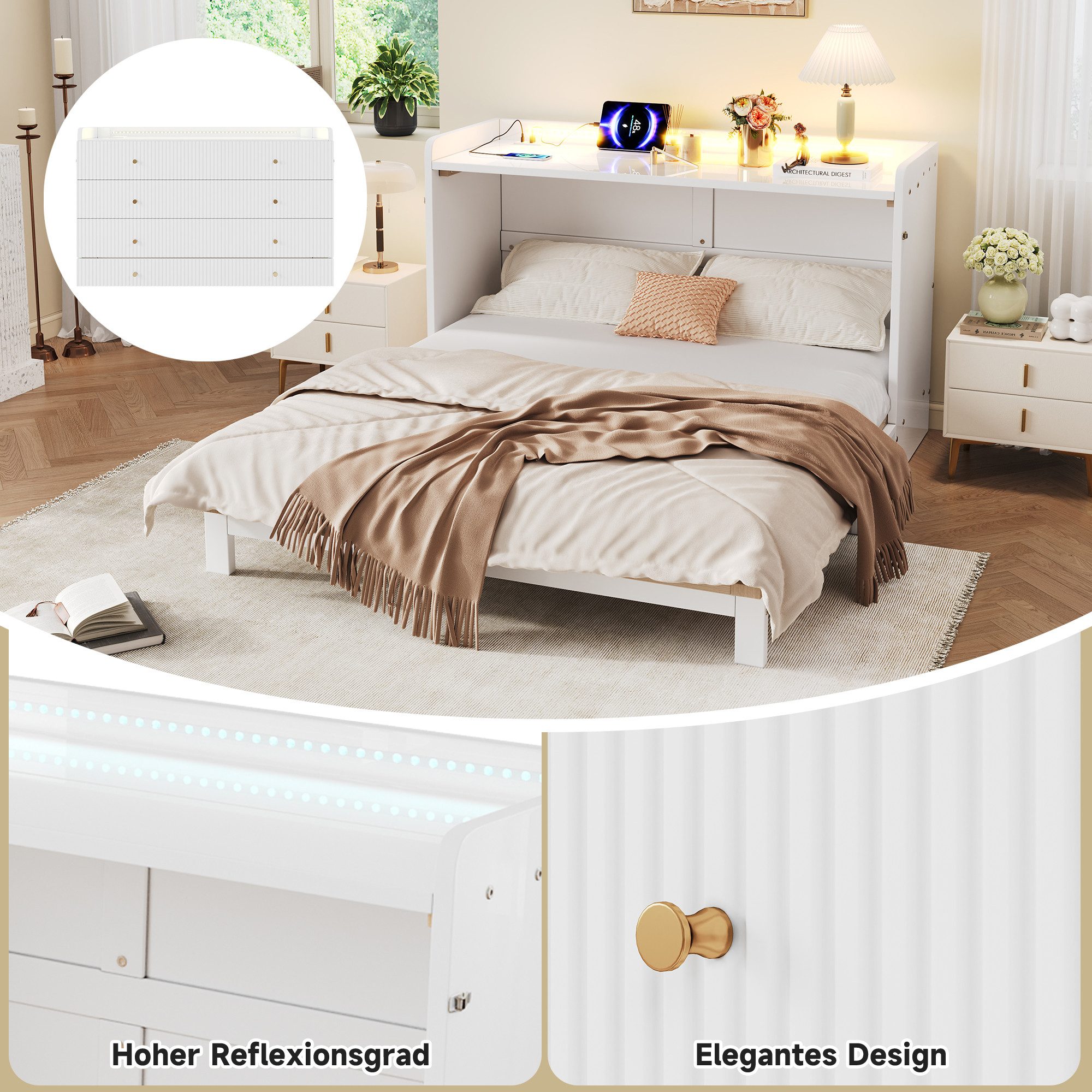 Odikalo Schrankbett Polsterbett Einzelbett 140x200 mit LED & USB (Unter dem Bett befinden sich Schubladen, Mit USB und Steckdose, LED-Lichtleiste, Mit Hochglanz – Bild 4 von 5