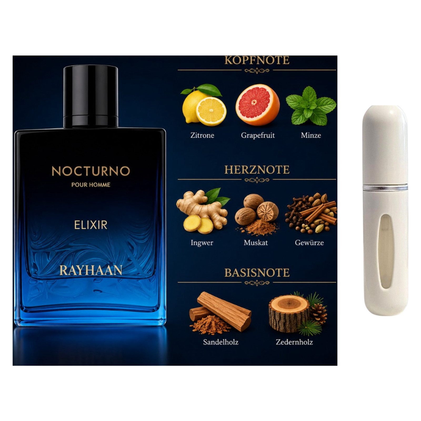 Rayhaan Duft-Set Nocturno Elixir EDP 100 ml + Parfümzerstäuber (leer)