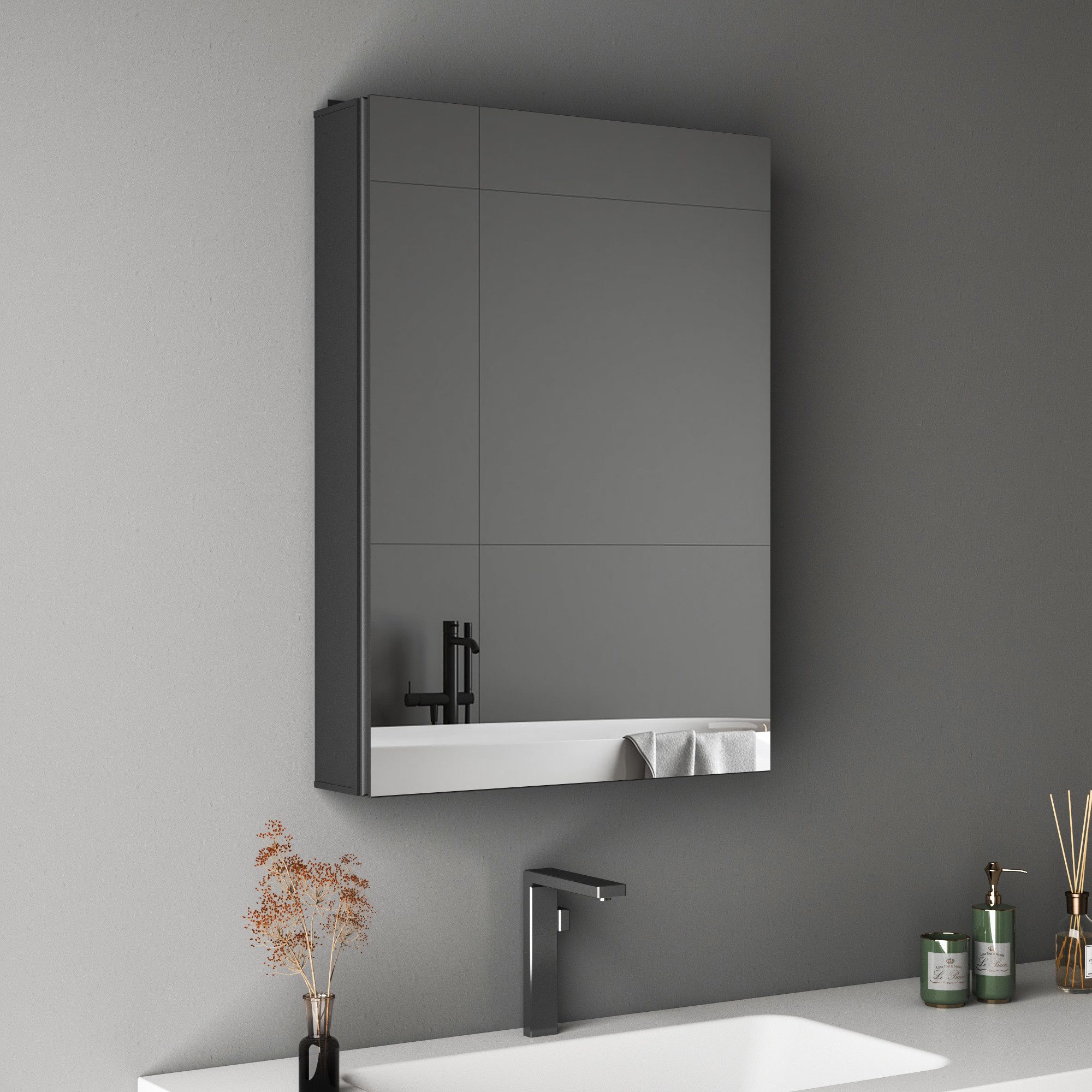 Hopibath Spiegel Schrank Alu Spiegelschrank Badezimmer Eckig Schwarz 50x70 40x60cm (Badezimmerspiegelschrank Wandschrank Badschrank, Doppelseitiger Spiegel, Softclose-Scharnieren), Verstellbare Glasböden, vormontiert geliefert