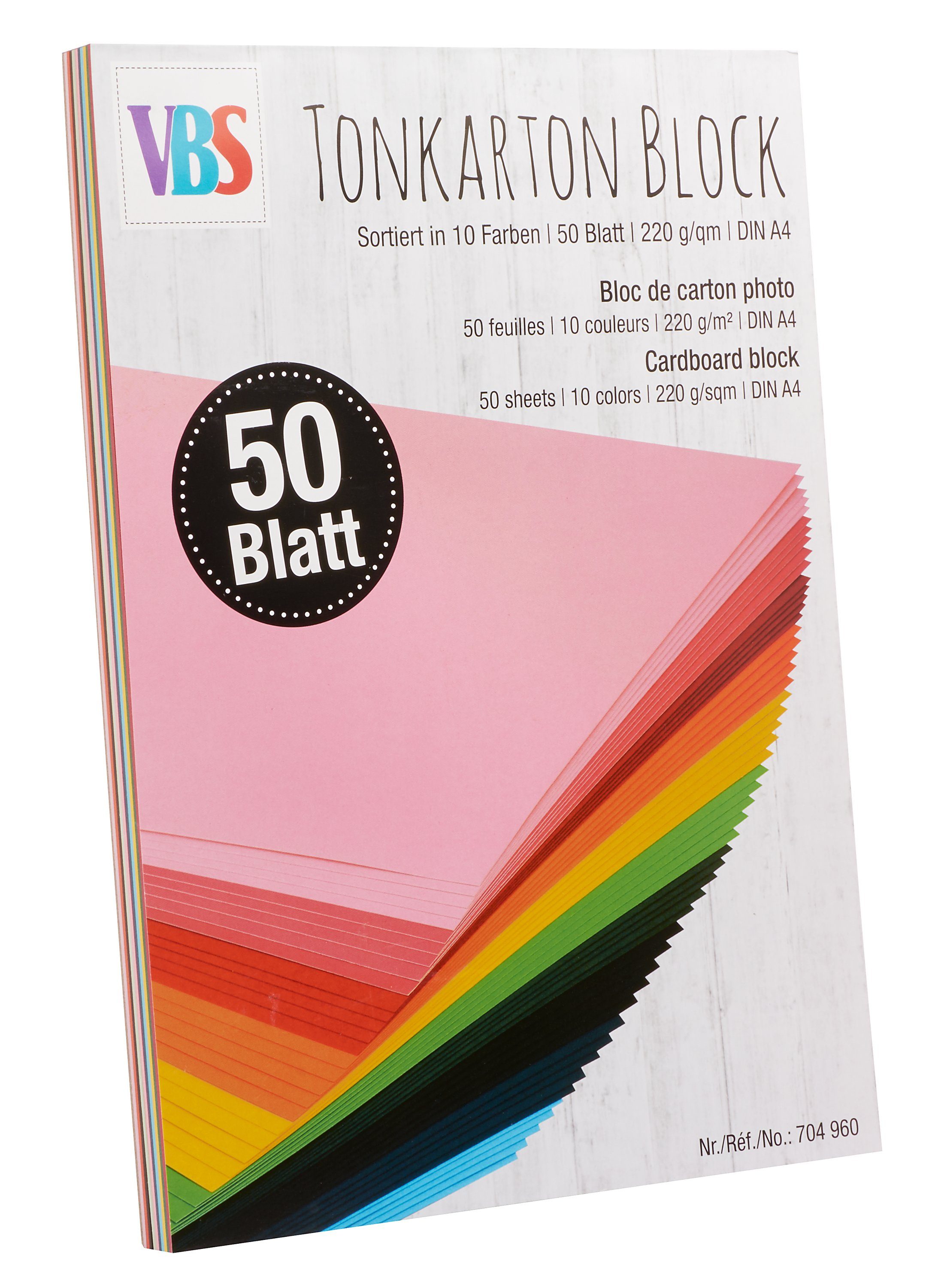 VBS Papierkarton Tonkarton Block DIN Blatt A4, farbig 50
