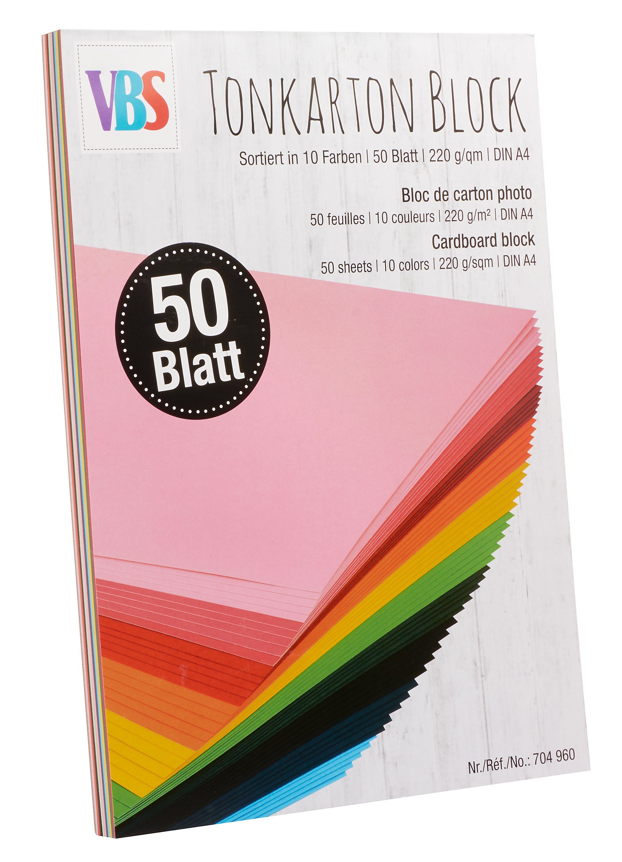VBS Papierkarton Tonkarton Block DIN A4, 50 Blatt farbig