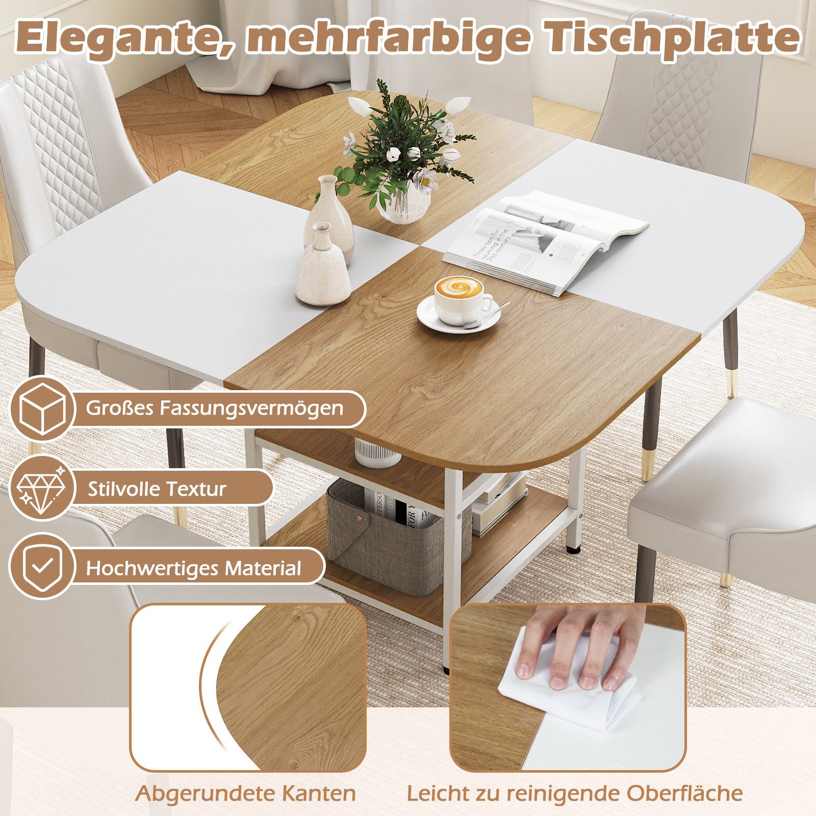 COSTWAY Esstisch, für 4 Personen Küchentisch mit 2 Ablagen Holz, 120x120x77cm