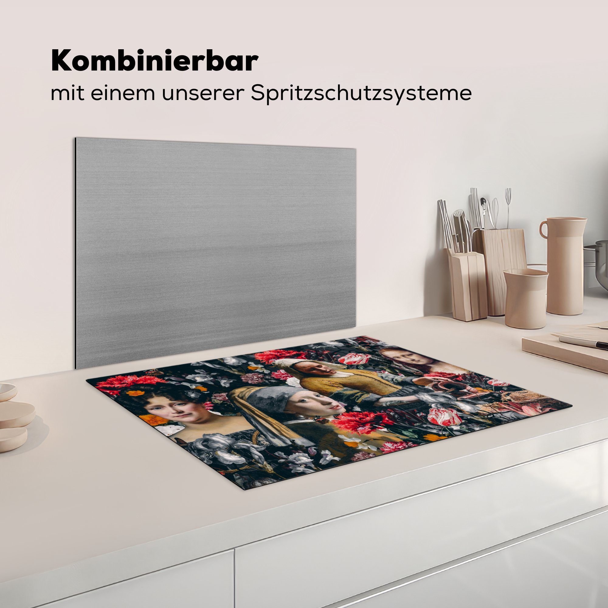 - küche, Induktionskochfeld Kunst - (1 für Schutz Ceranfeldabdeckung MuchoWow tlg), Collage, Vinyl, Herdblende-/Abdeckplatte die cm, 71x52 Blumen