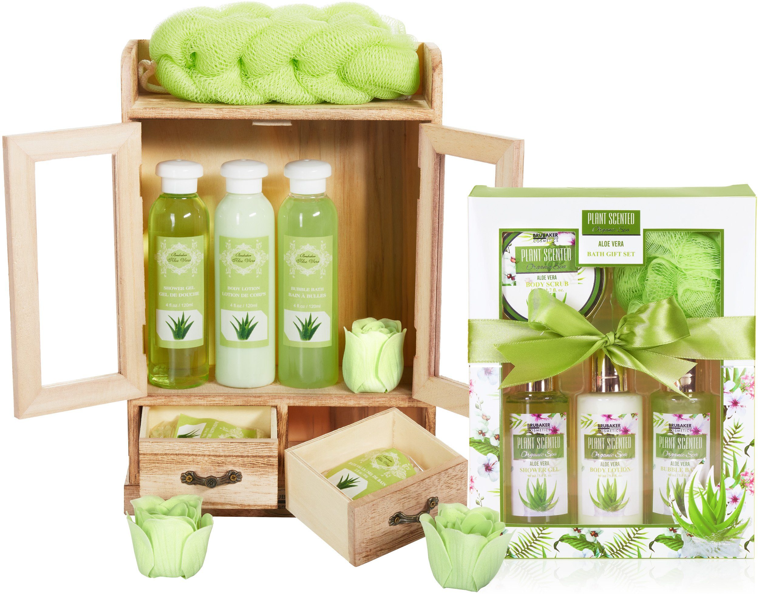 BRUBAKER Pflege-Geschenkset 2 in 1 Pflegeset Aloe Vera - Großes Wellness Set, 15-tlg., Damen Dusch- und Badeset - Frauen Beauty Geschenkset mit Dekoration