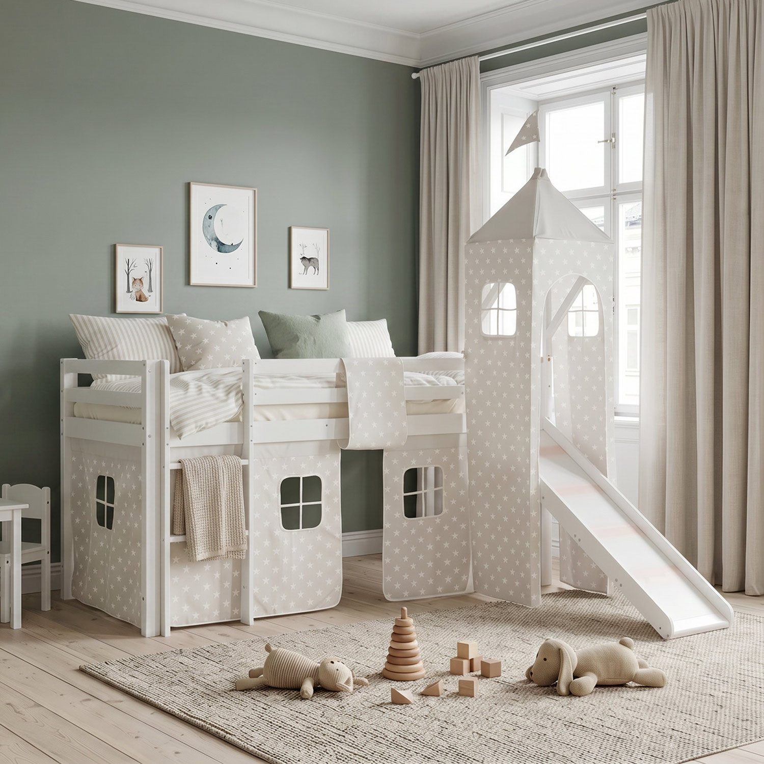 Homestyle4u Hochbett 90x200 Weiß mit Vorhang Sterne Grau für 1 Kind Kiefer Massiv Kinder (Komplett-Set mit Lattenrost, mit Rutsche, mit Turm, Matratze mit OEKO-TEX® Standard 100) Junge, Mädchen, Spielbett