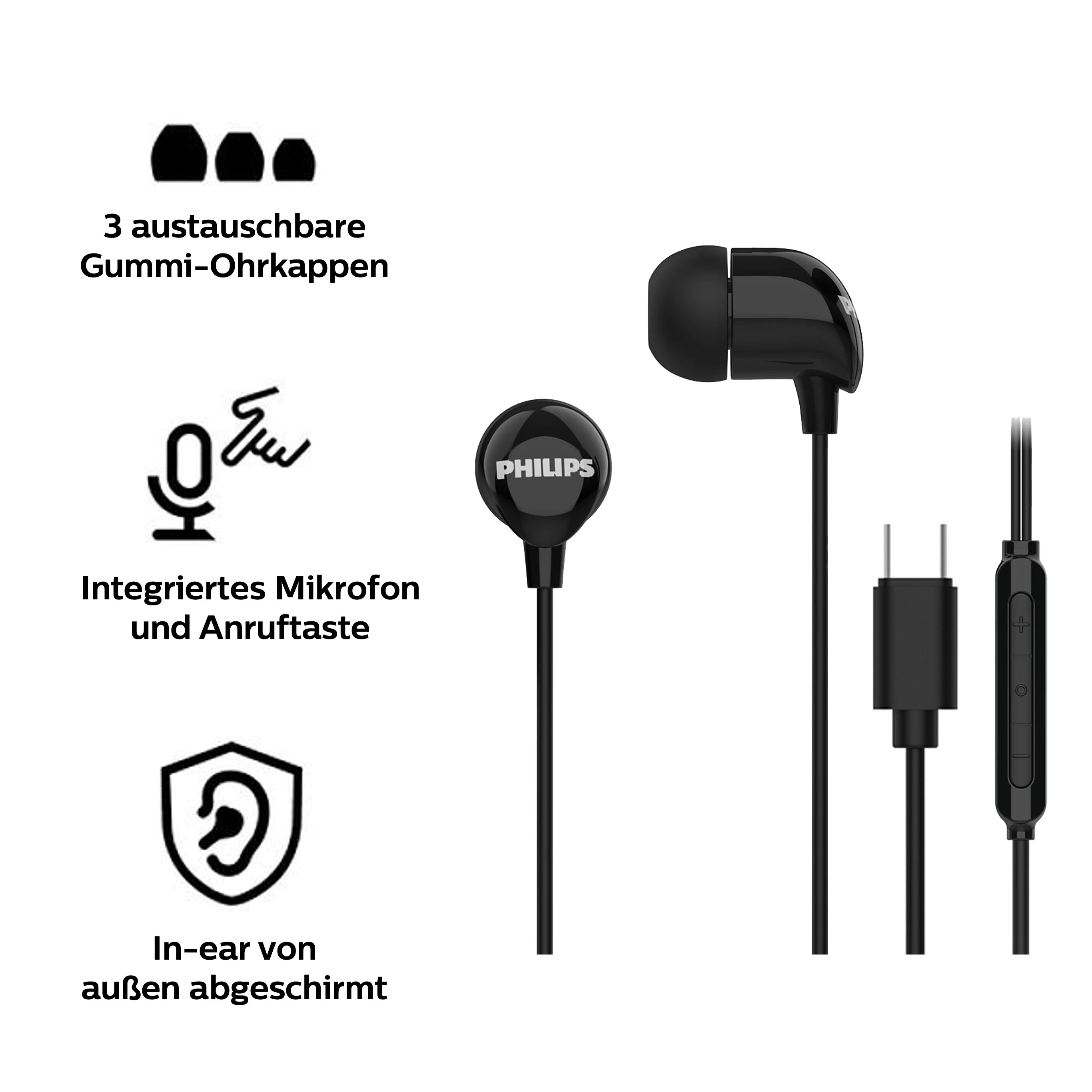 Philips TAE2146BK In-Ear-Kopfhörer (Clear Sound, Dynamische Bässe, Integriertes Mikrofon, USB-C, Schwarz)