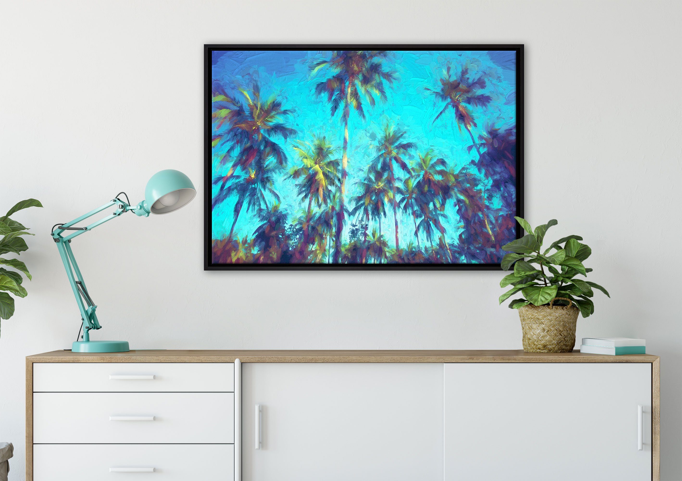 Pixxprint Leinwandbild Tropische Palmen Kunst, Leinwandbild einem bespannt, St), (1 gefasst, Wanddekoration fertig in Schattenfugen-Bilderrahmen inkl. Zackenaufhänger