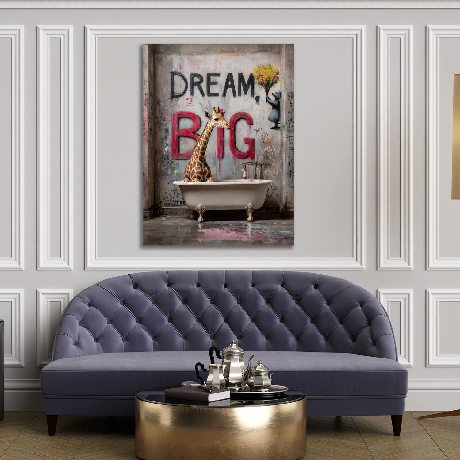 Artedinoi Leinwandbild Graffiti Dream Big Badezimmer mit Giraffe Leinwandbild Wandbild Kunstd, Giraffe im Badezimmer, Dream Big
