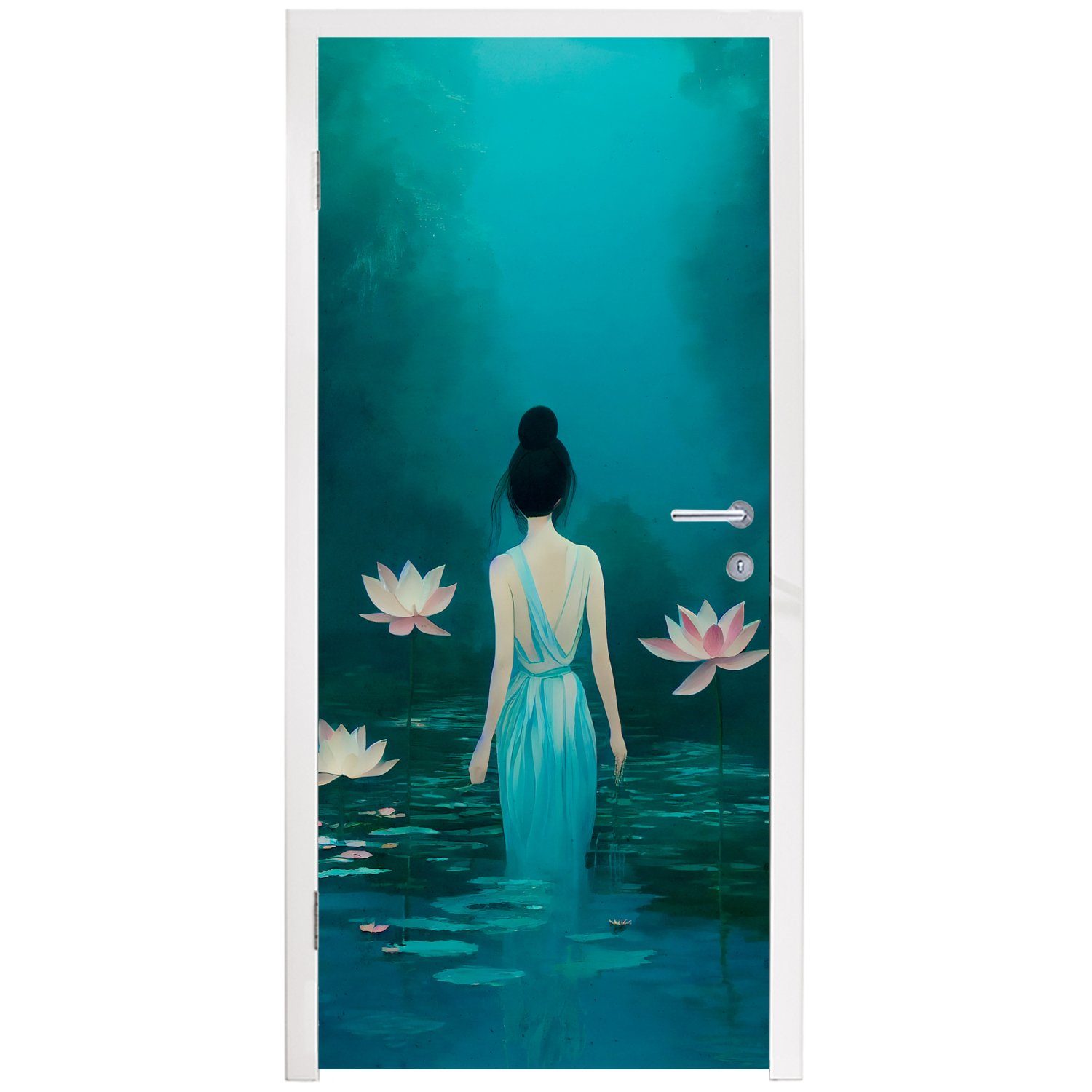 Frau (1 - St), Matt, MuchoWow Wasser Fototapete Lilie, 75x205 cm Türtapete für bedruckt, Blumen - - Türaufkleber, Tür, Porträt -