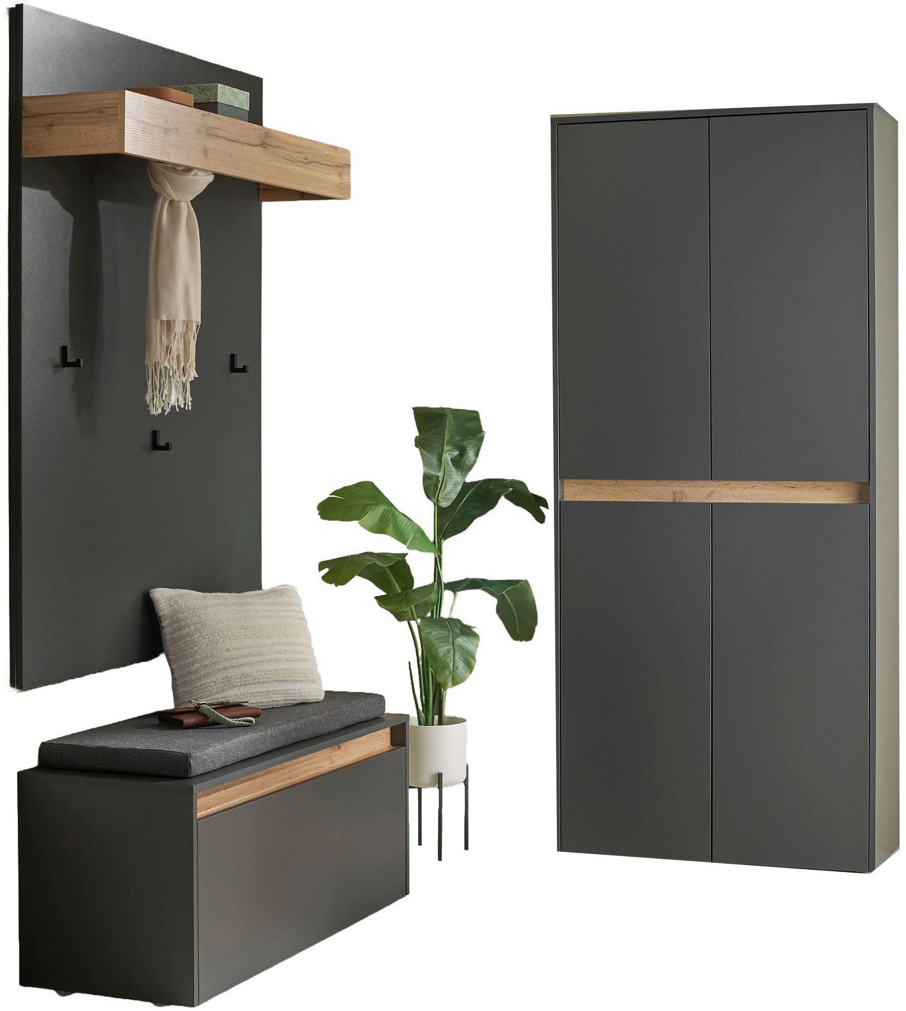 Home affaire Garderoben-Set City/Giron, moderne Garderobe, viel Stauraum, ca. 40 Schuhe, (Set, 3-St), enthält Schuhschrank, Garderobenpaneel & Garderobenbank mit Sitzkissen