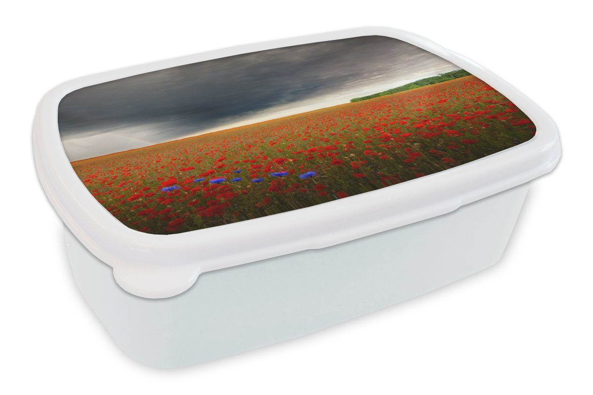 MuchoWow Lunchbox Blumen - Rot - Grau, Kunststoff, (2-tlg), Brotbox für Kinder und Erwachsene, Brotdose, für Jungs und Mädchen weiß