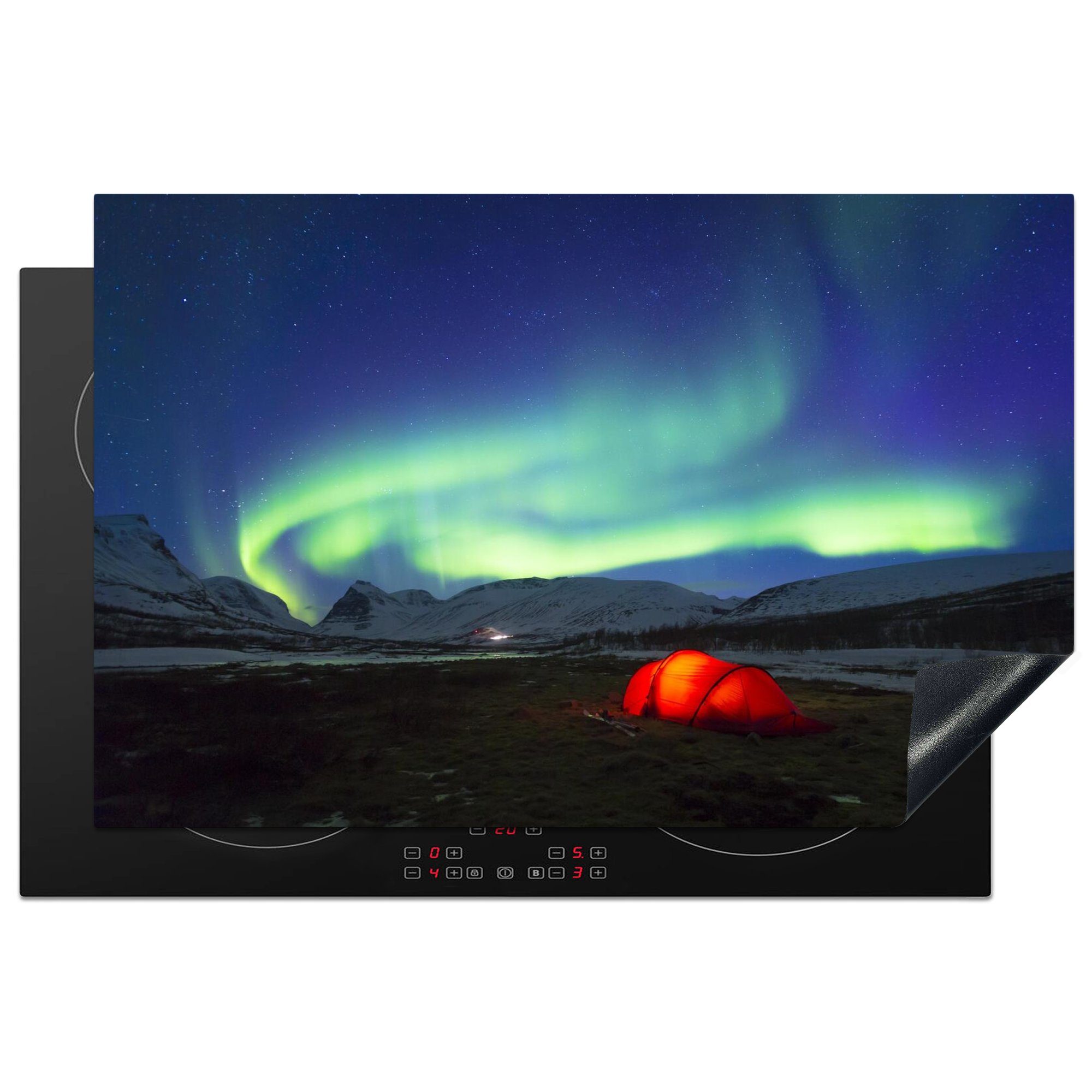 MuchoWow Herdblende-/Abdeckplatte Nordlichter - Zelt - Schweden, Vinyl, (1 tlg), 81x52 cm, Induktionskochfeld Schutz für die küche, Ceranfeldabdeckung