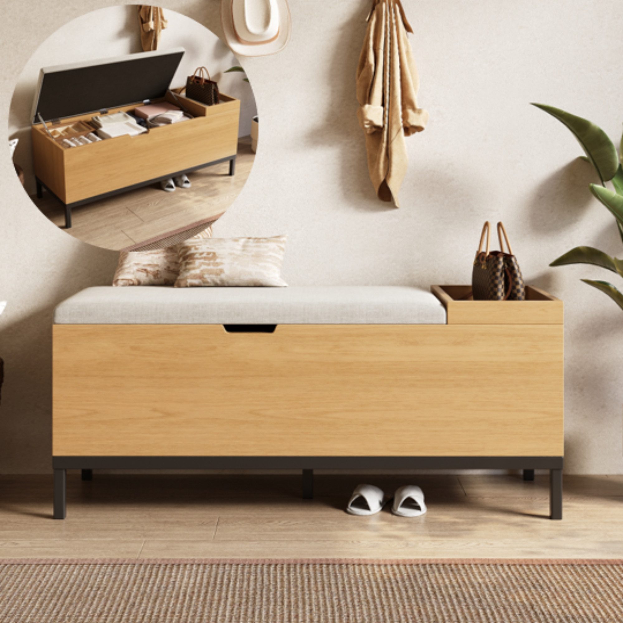 Flieks Polsterbank mit öffnbarer Aufbewahrungsbox (115×49,5×40 cm, 1-St., Sitzkissen aus Leinen), Sitzschrank mit Stauraum Schuhbank Holzoptik, Metallgestell