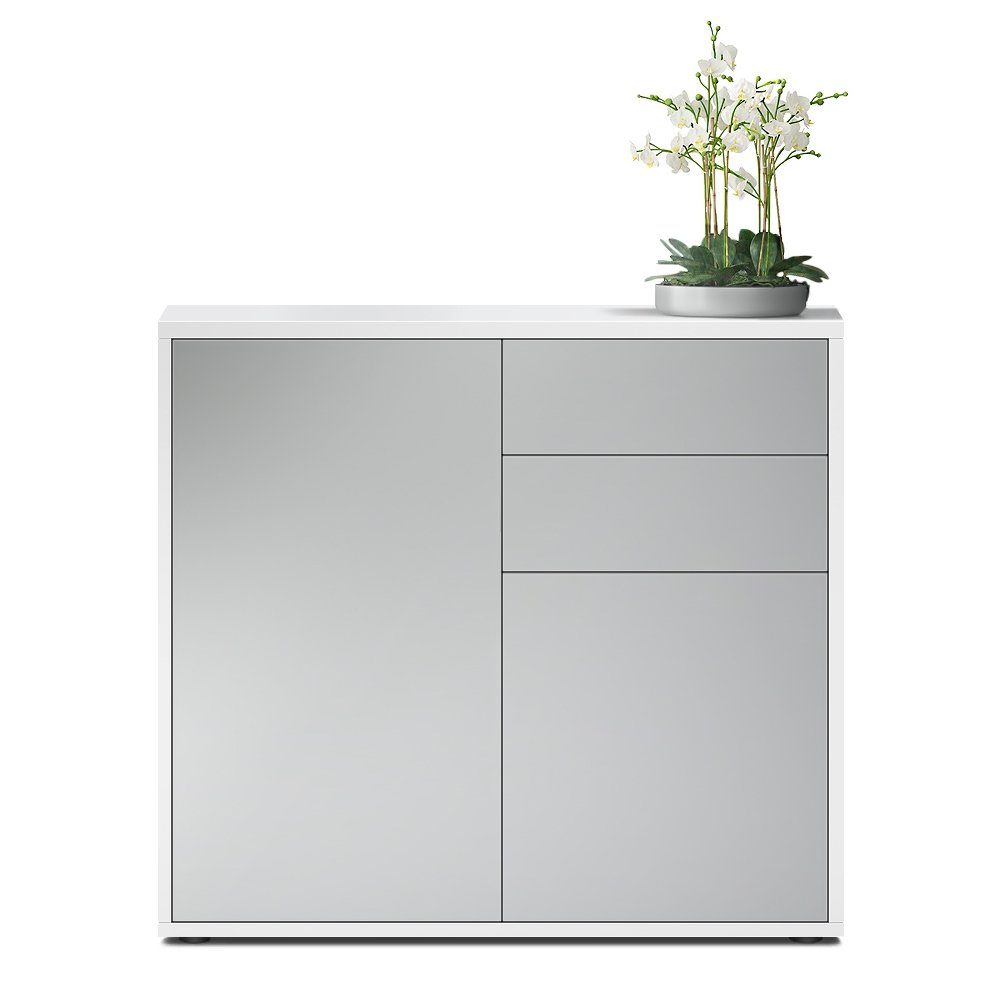 Vladon Kommode Ben V1 (Kommode, mit 2 Türen und 2 Schubladen), Weiß matt/Hellgrau Seidenmatt (79 x 74 x 36 cm)