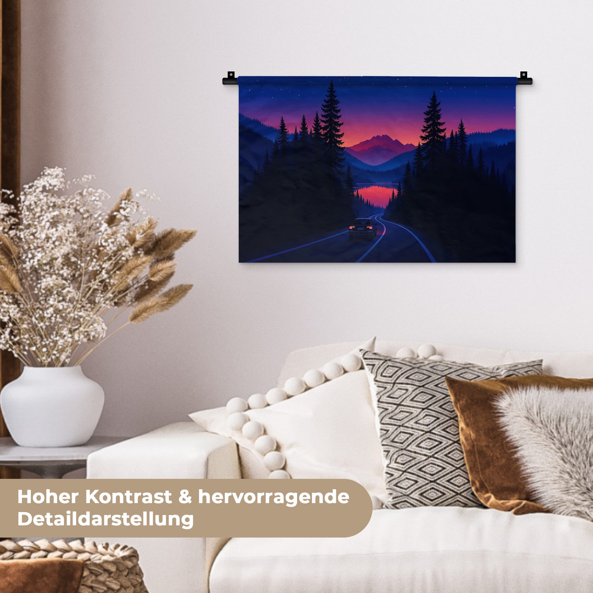 MuchoWow Wandteppich Auto - Dunkle Kiefern - Sonnenuntergang, Rechteckig, Höhe: 3 mm, Wandteppich für Wohnzimmer, Schlafzimmer, 60x40 cm