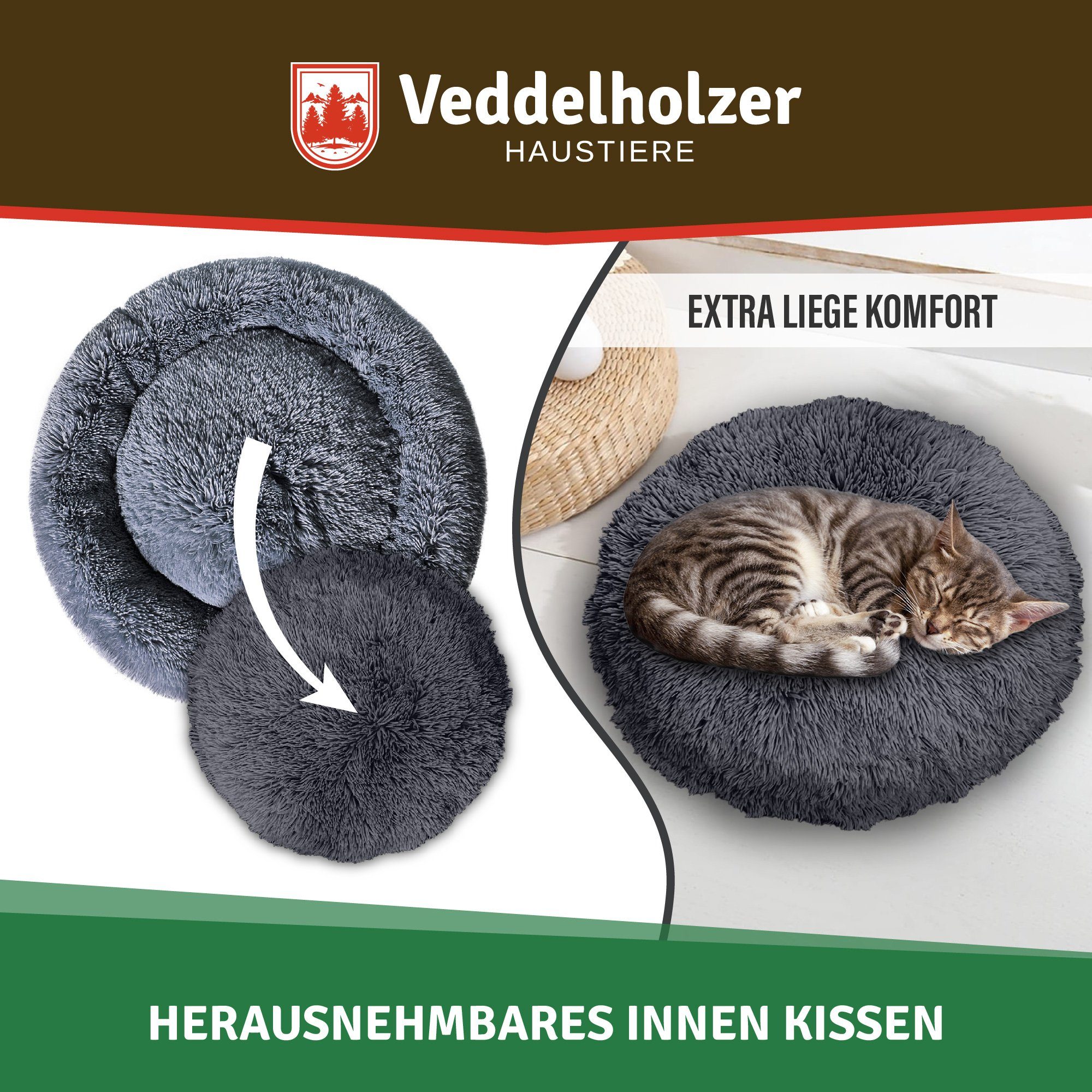 Veddelholzer Tierbett Ø 60 cm (S) Hell & Dunkelgrau Hundebett Katzenbett Hundekissen, 100% Vegan Hochwertigen synthetischen Fasern, Hundebett große mittelgroße kleine Hunde waschbar