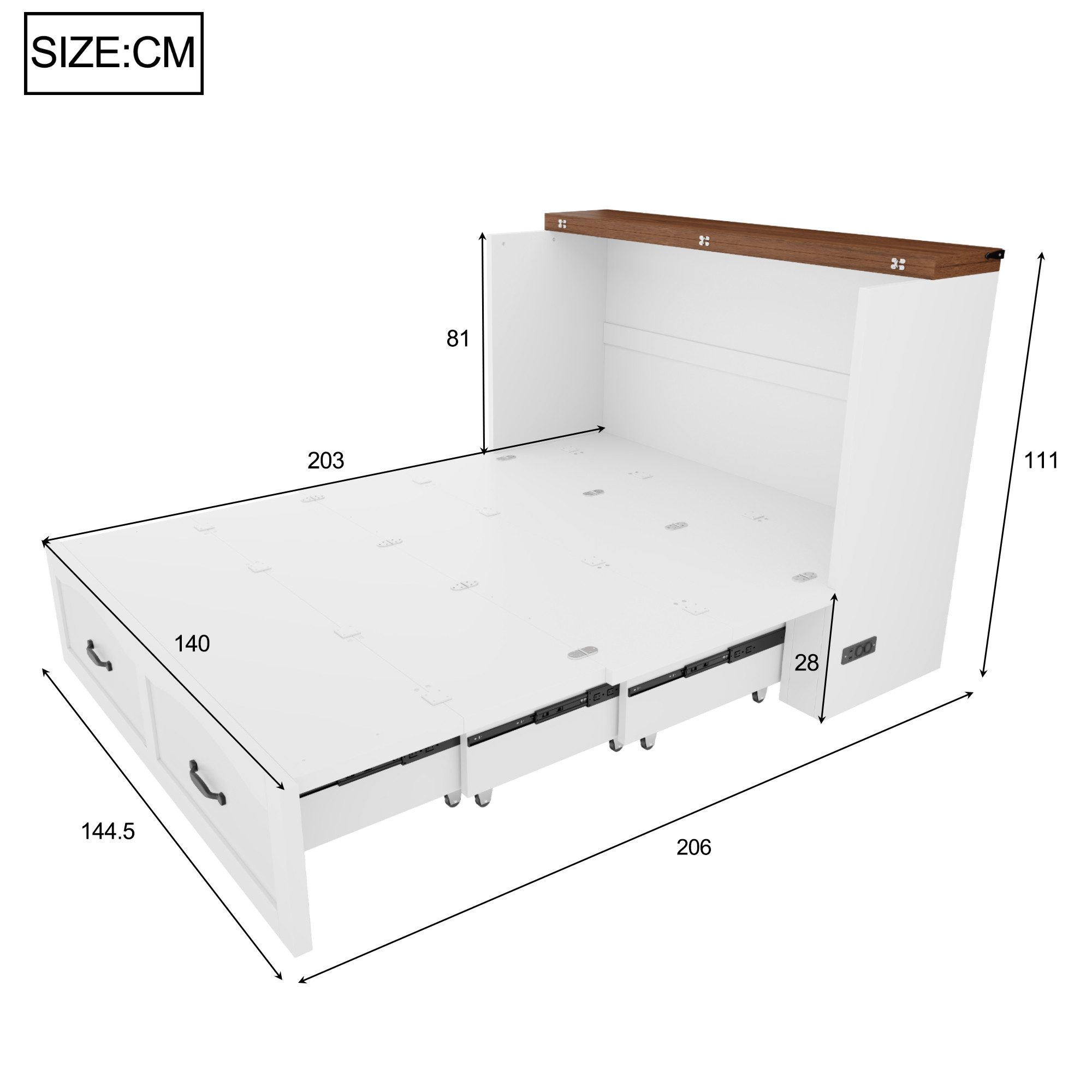Odikalo Schrankbett 140×200 Klappbett Jugendbett Doppelbett Weiß (Ausziehbares Bettgestell mit Stauraum Steckdose nach europäischem Standard Metallrahmen geräuscharme Rollen Ohne Matratze)