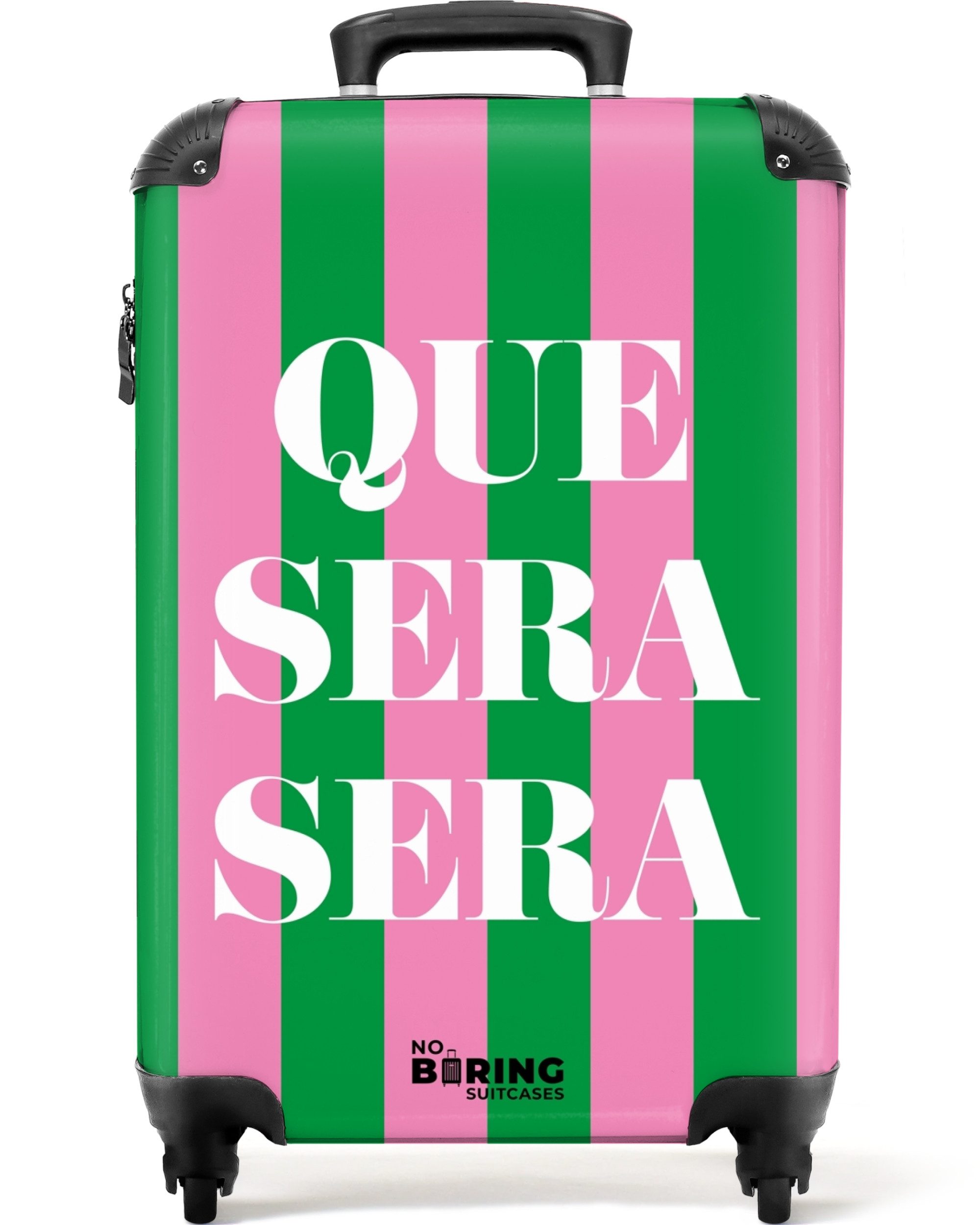 NoBoringSuitcases.com© Hartschalen-Trolley Grüne und rosa Streifen mit dem Spruch 'que sera sera' 55x35x20cm, Handgepäck Koffer & Trolleys, Luggage, Reisekoffer Frauen