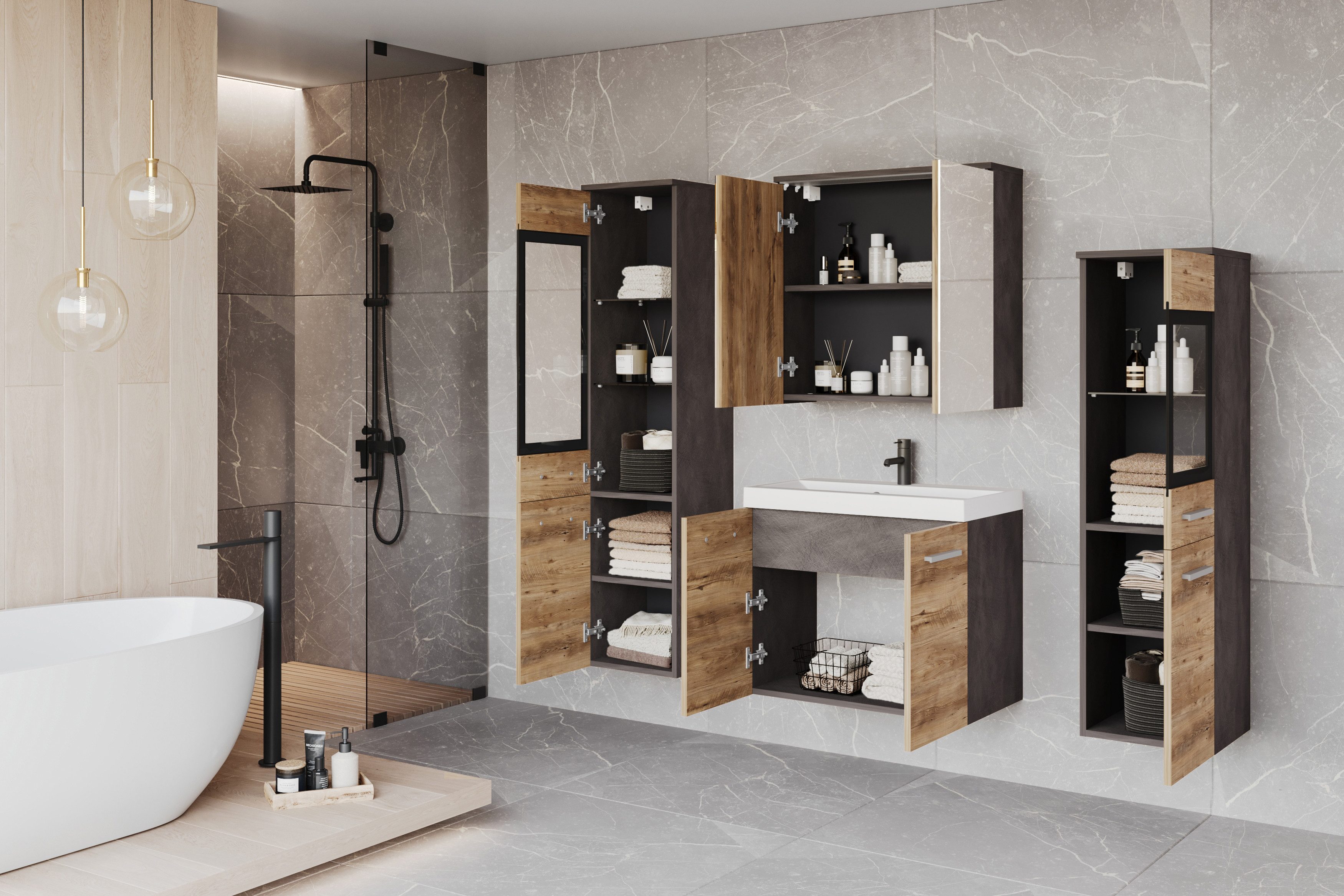 welltime Badmöbel-Set MADRIT II, Schrank mit Waschbecken, 2 Hänger, Spiegelschrank, (Komplett-Set, 5-St), Hängende Badmöbel mit Glaseinsätzen – in vielen Farben erhältlich