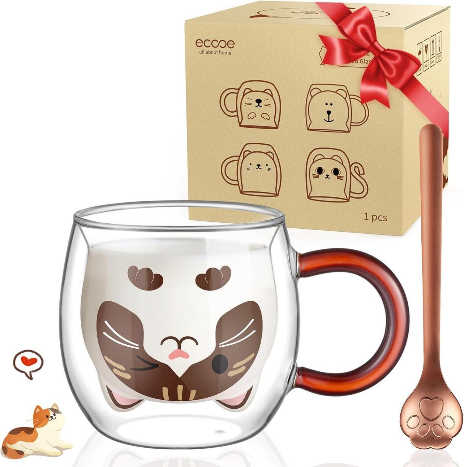 LuxusKollektion Latte-Macchiato-Glas Süße Doppelwandige Katzen Tasse 280ml Latte Macchiato Cappuccino