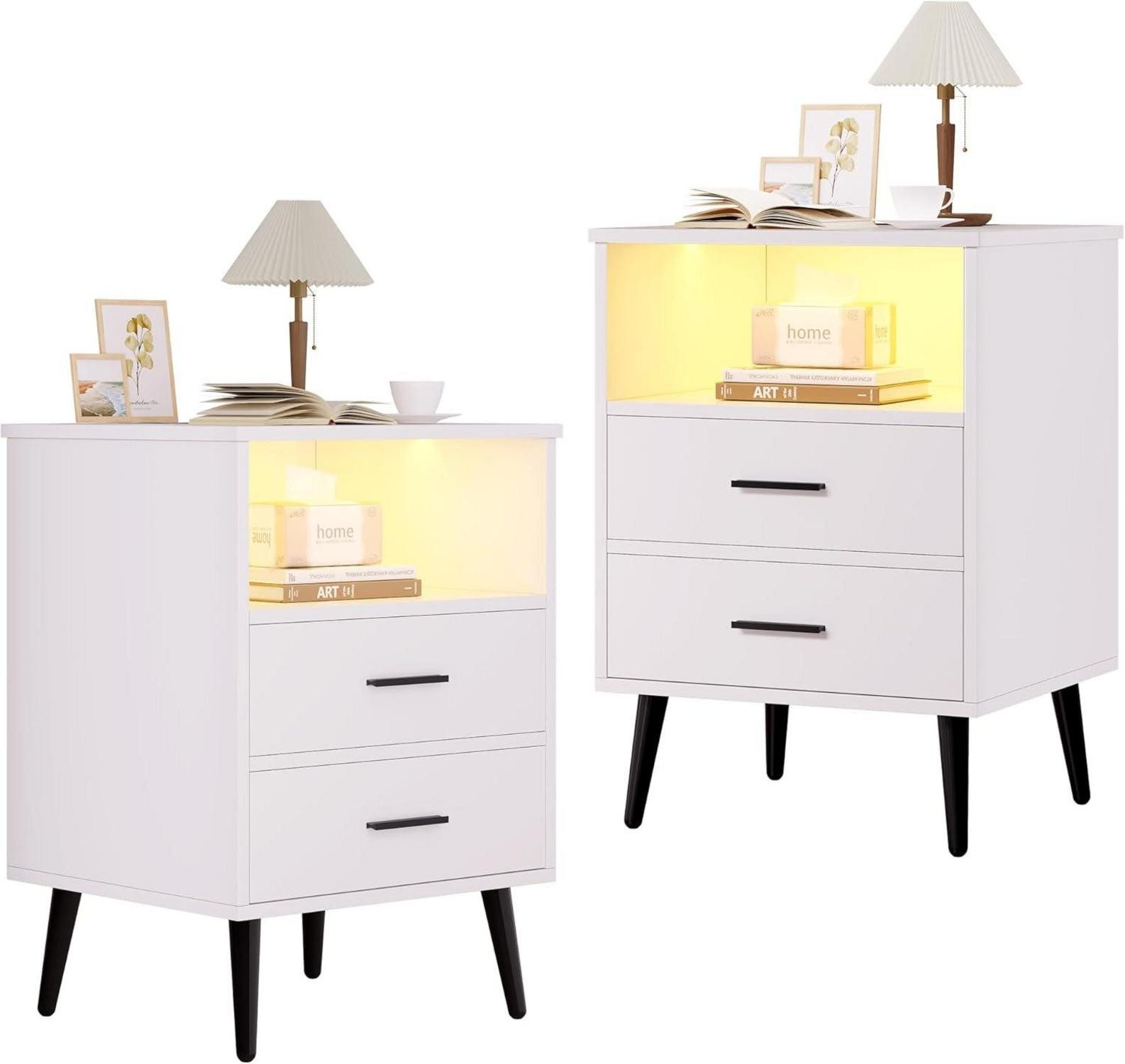 LuxusKollektion Nachttisch LED Nachttisch 2er Set Weiß mit Ladefunktion und Licht, Modern