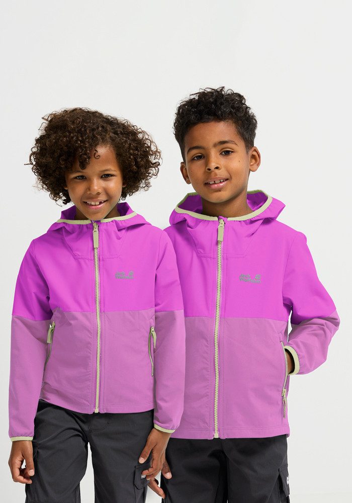 Jack Wolfskin Softshelljacke SANDBIRD HOODED JKT K mit Kinnschutz am Reißverschluss, winddicht, atmungsaktiv
