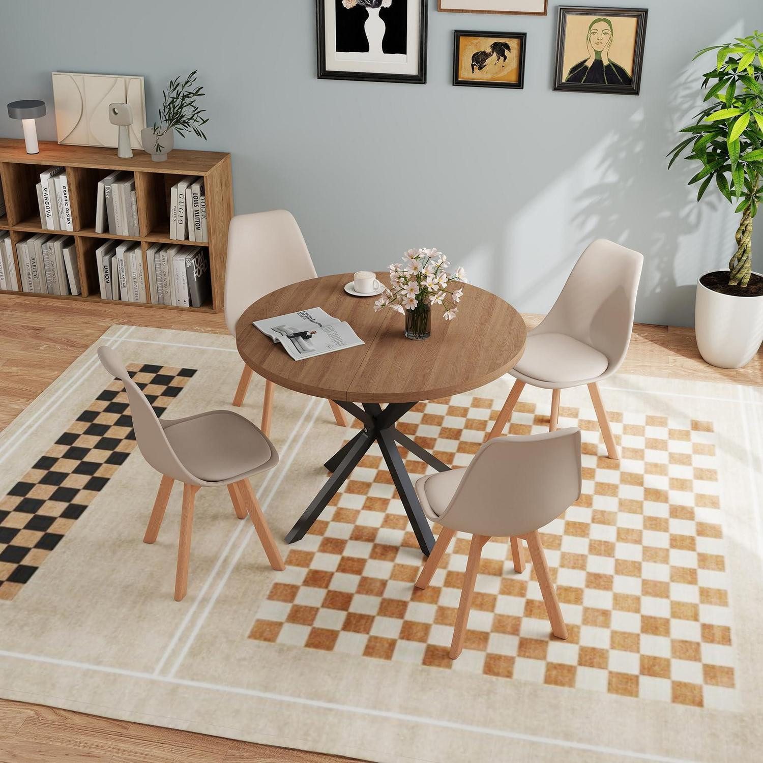 LuxusKollektion Esstisch Esstisch rund 4 Stühle Buche 100*100*76.5cm Dunkelbraun +Khaki (1-St)
