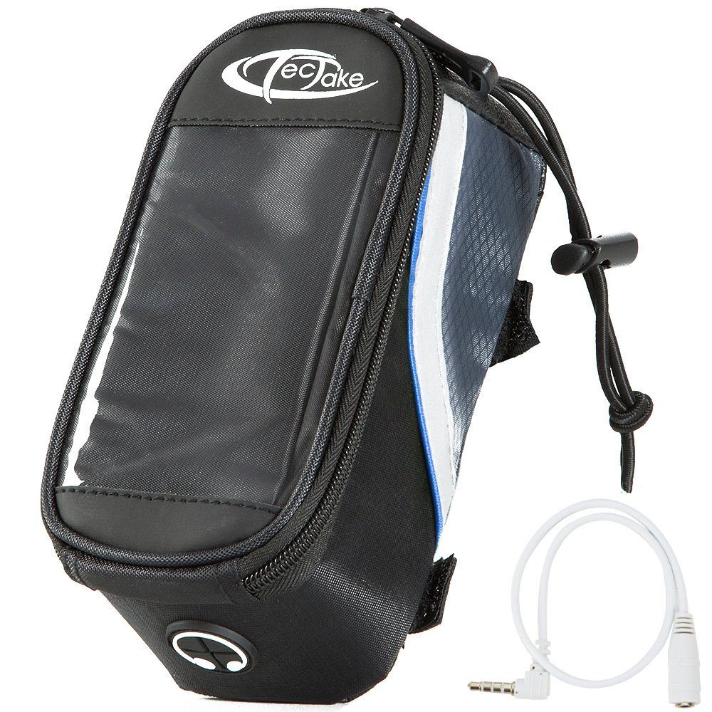 tectake Fahrradtasche Fahrradhandytasche, Zusätzliche Spannseil-Sicherung, (Gepäckträgertasche, in schwarz/grau/blau), Wasserabweisend, Handyfach mit Sichtfenster, Audio-Verlängerungskabel
