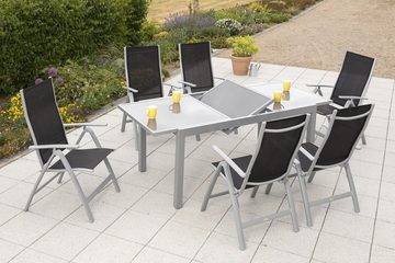 MERXX Garten-Essgruppe Carrara, (Set 7-teilig, Tisch, 6 Klappsessel, Aluminium mit Textilbespannung, Sicherheitsglas), mit ausziehbarem Tisch